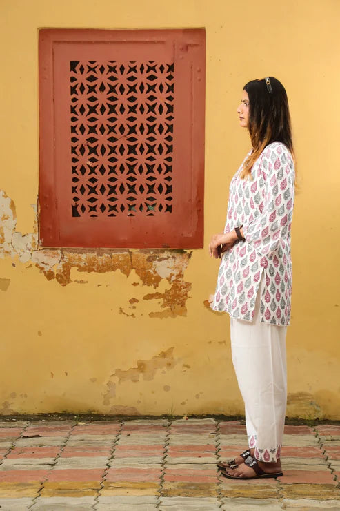 Negchar Choti Buti Print Handblock Co-Ord Suit Set - White