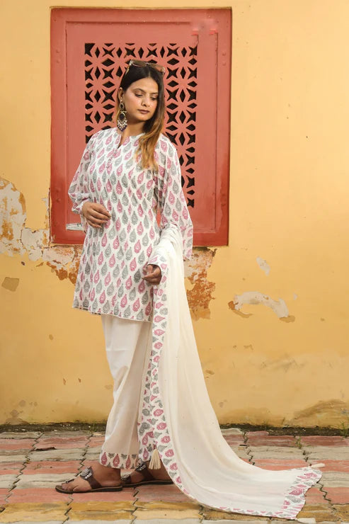 Negchar Choti Buti Print Handblock Co-Ord Suit Set - White