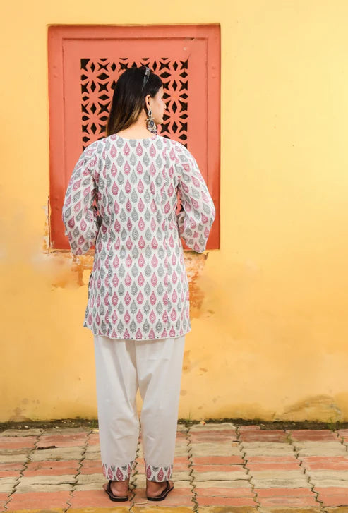 Negchar Choti Buti Print Handblock Co-Ord Suit Set - White