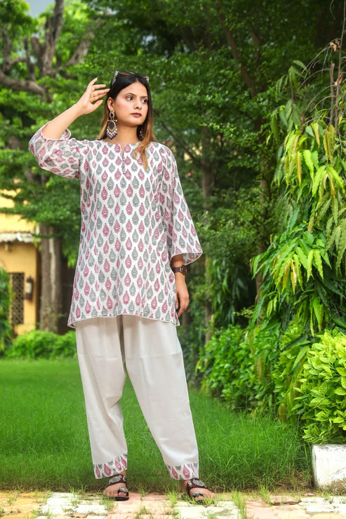Negchar Choti Buti Print Handblock Co-Ord Suit Set - White