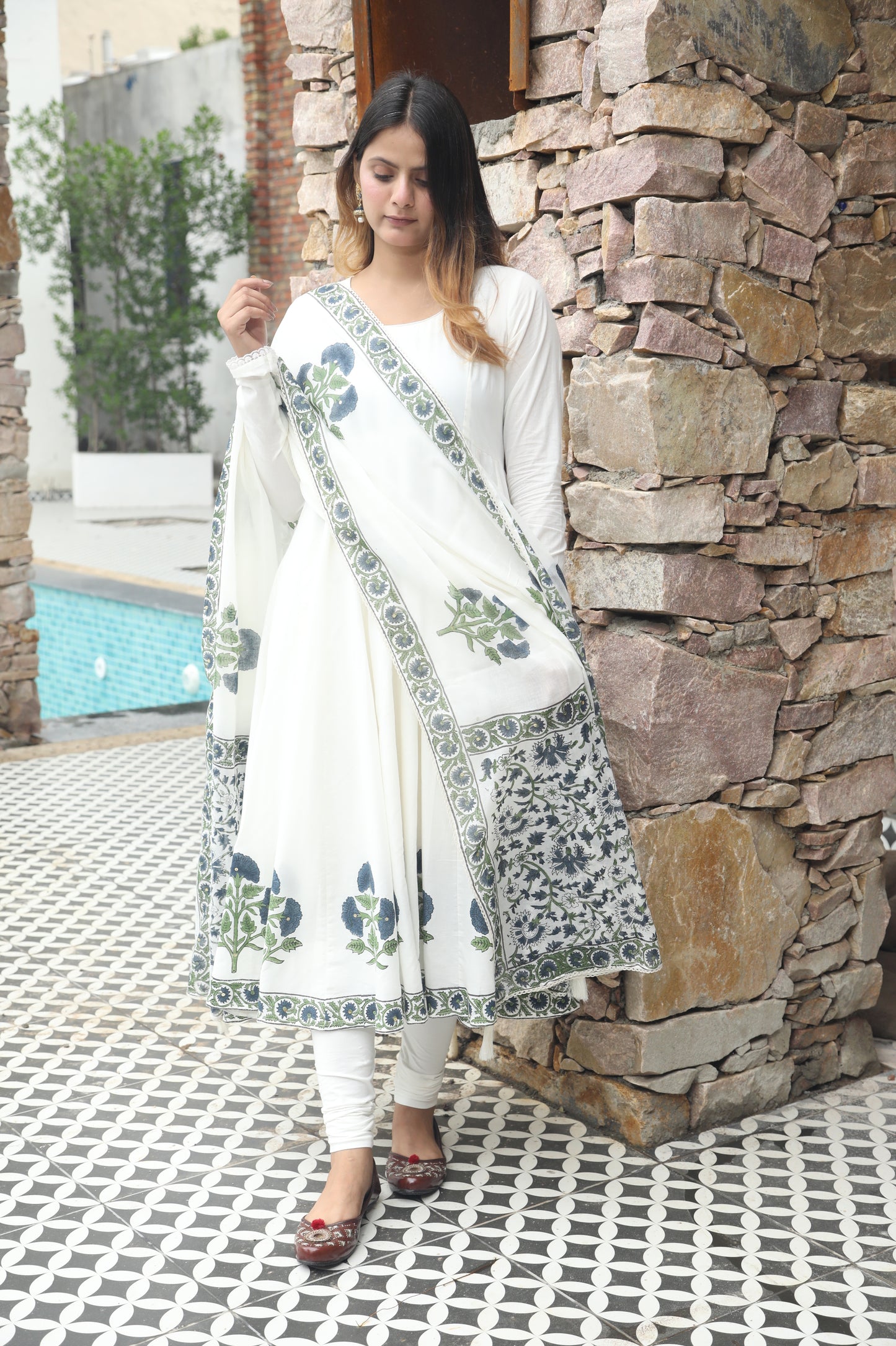 Negchar Blue Buta Handblock Anarkali Suit Set