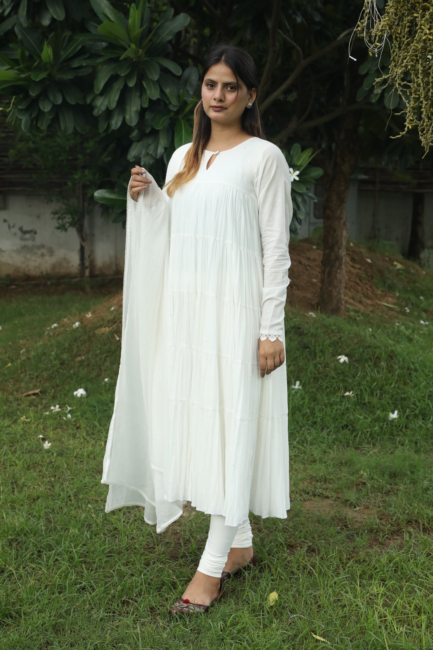 Negchar White Tiered Anarkali Suit Set