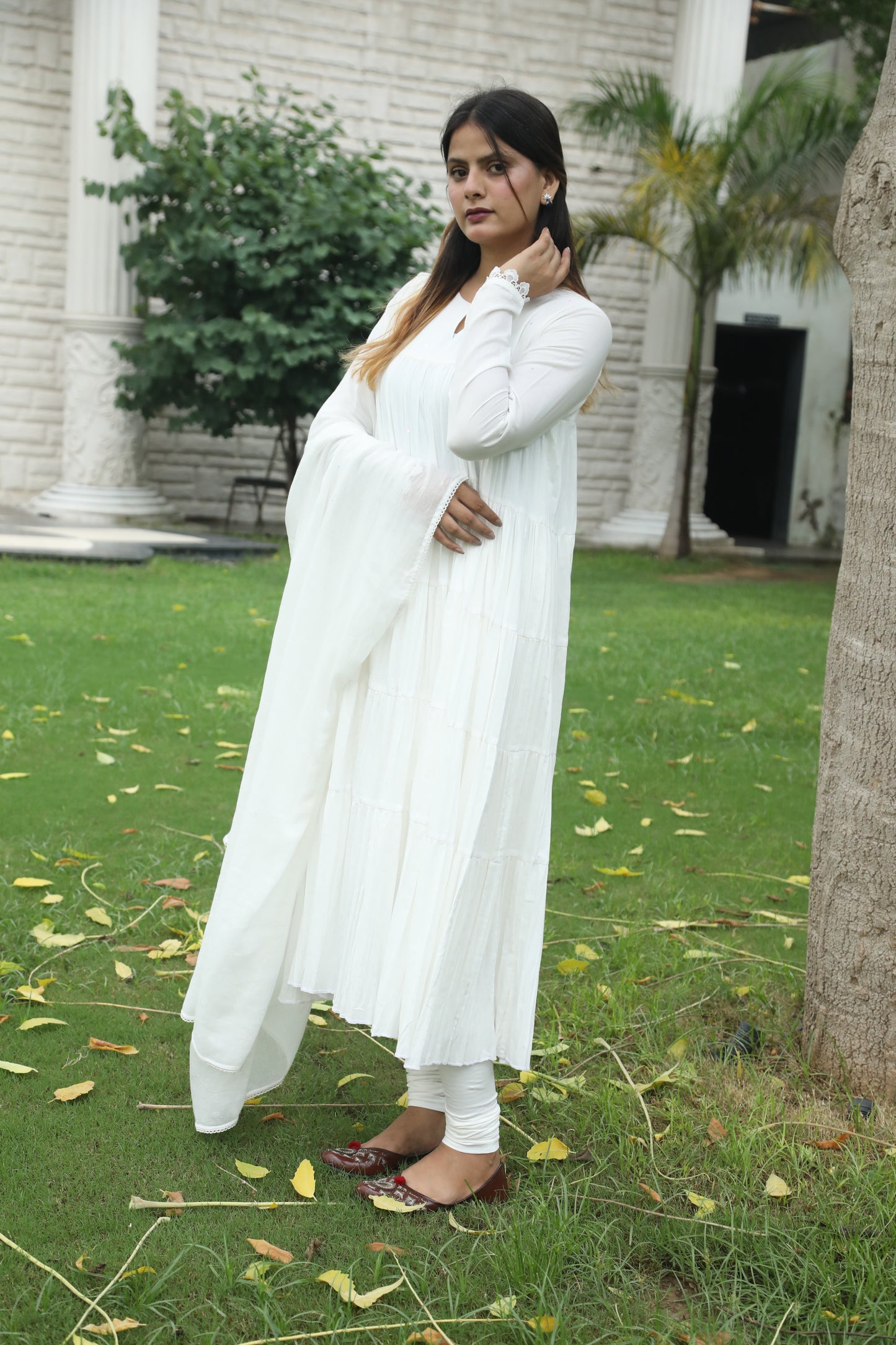 Negchar White Tiered Anarkali Suit Set
