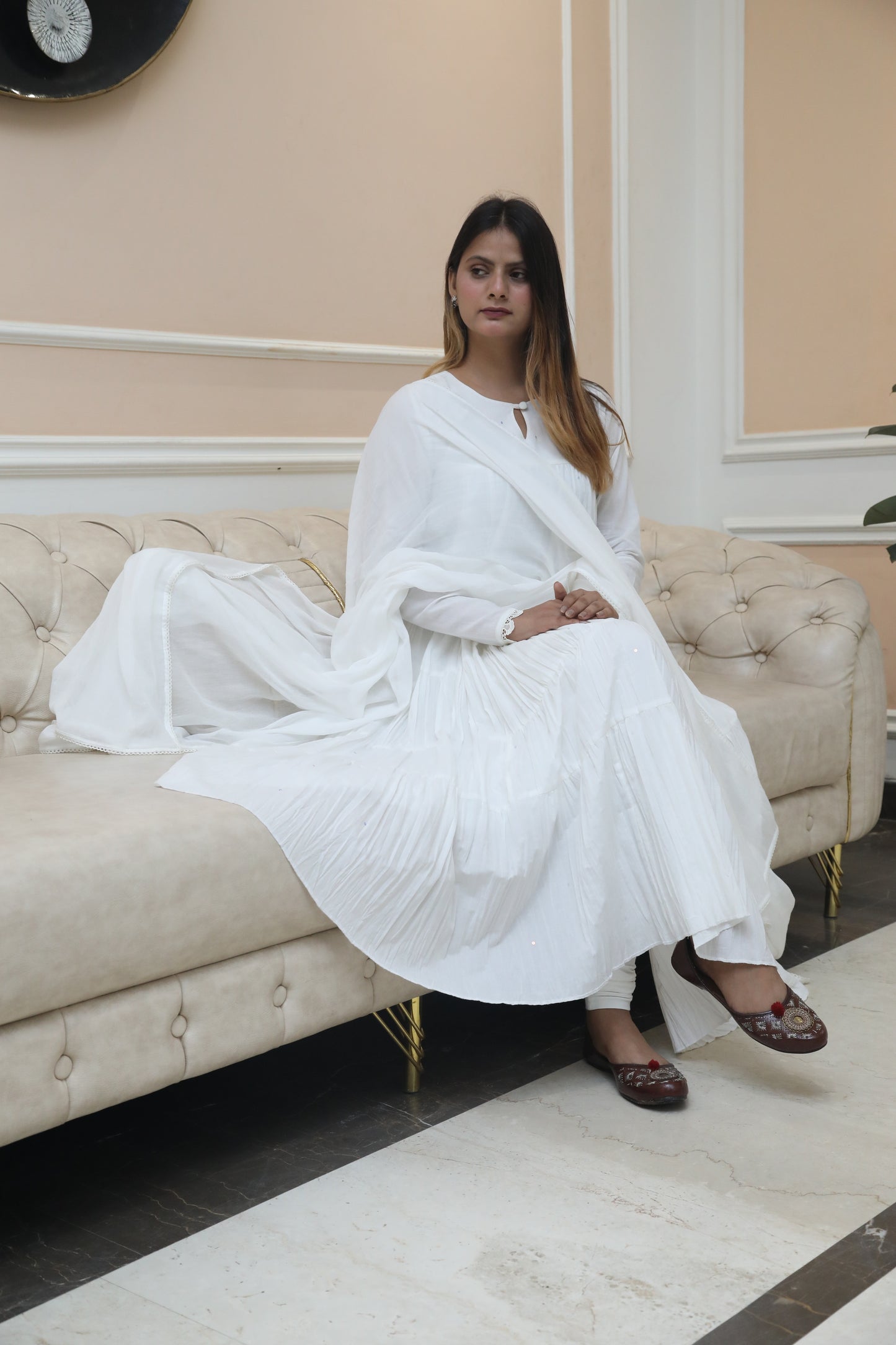 Negchar White Tiered Anarkali Suit Set