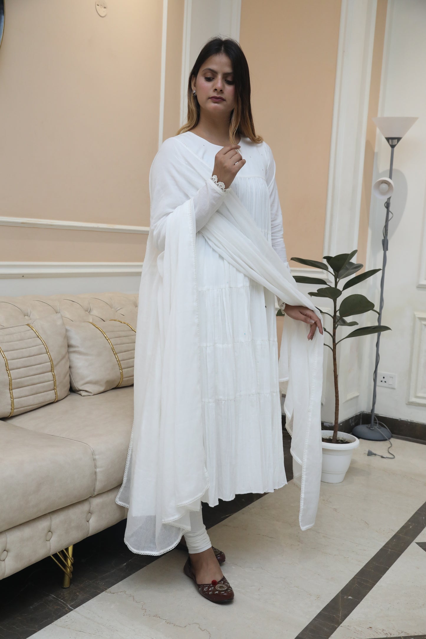 Negchar White Tiered Anarkali Suit Set