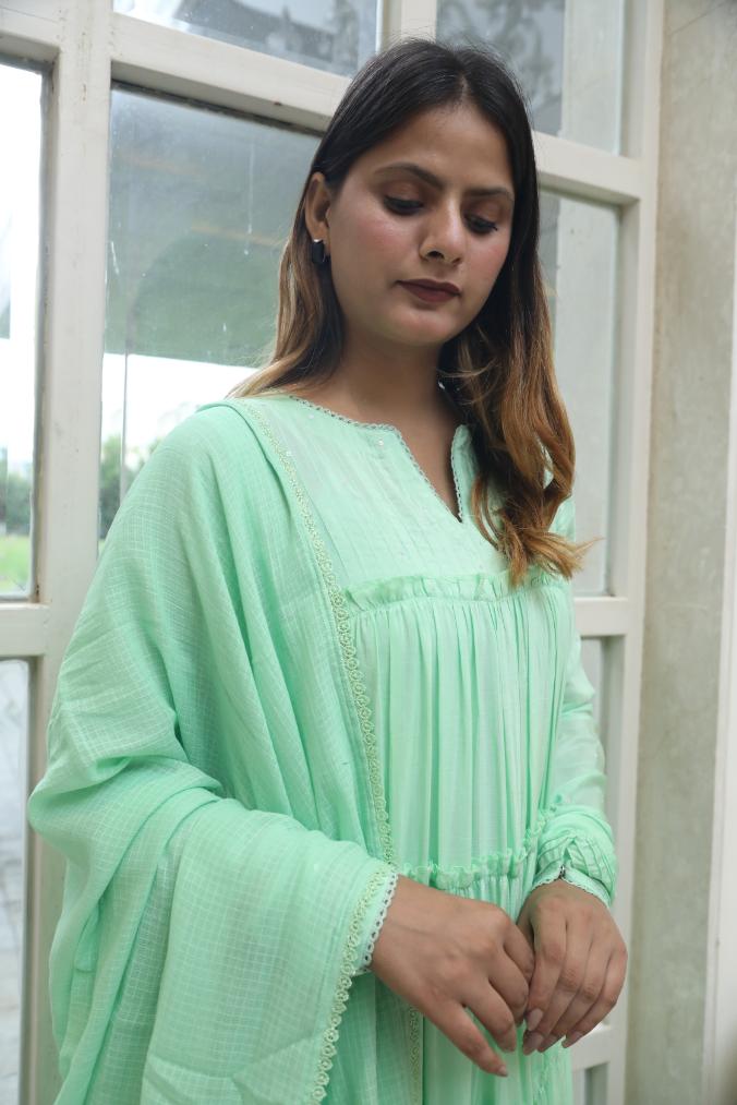 Negchar Handblock Tiered Anarkali Suit Set – Light Green
