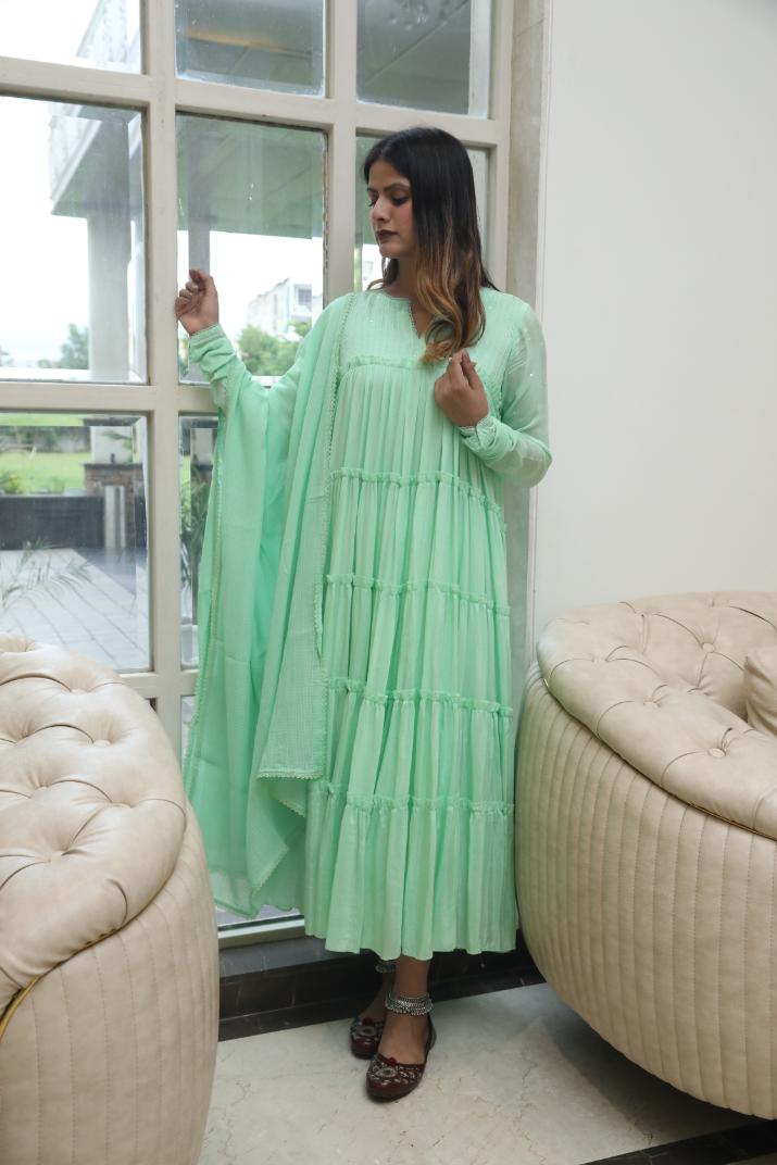 Negchar Handblock Tiered Anarkali Suit Set – Light Green