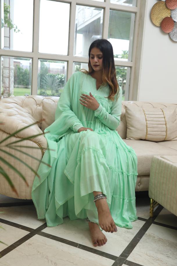 Negchar Handblock Tiered Anarkali Suit Set – Light Green