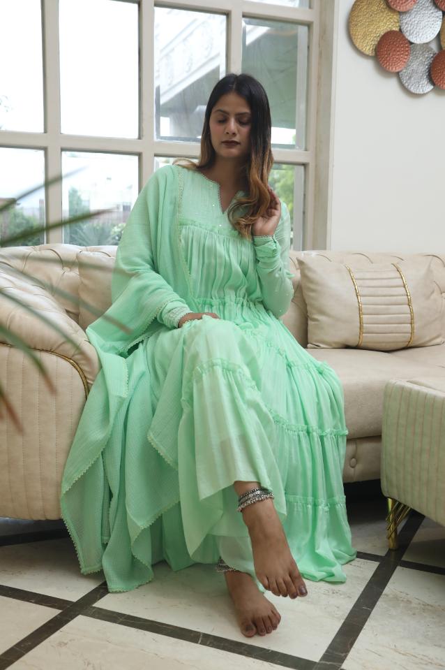 Negchar Handblock Tiered Anarkali Suit Set – Light Green