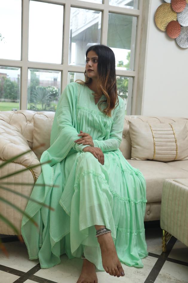 Negchar Handblock Tiered Anarkali Suit Set – Light Green