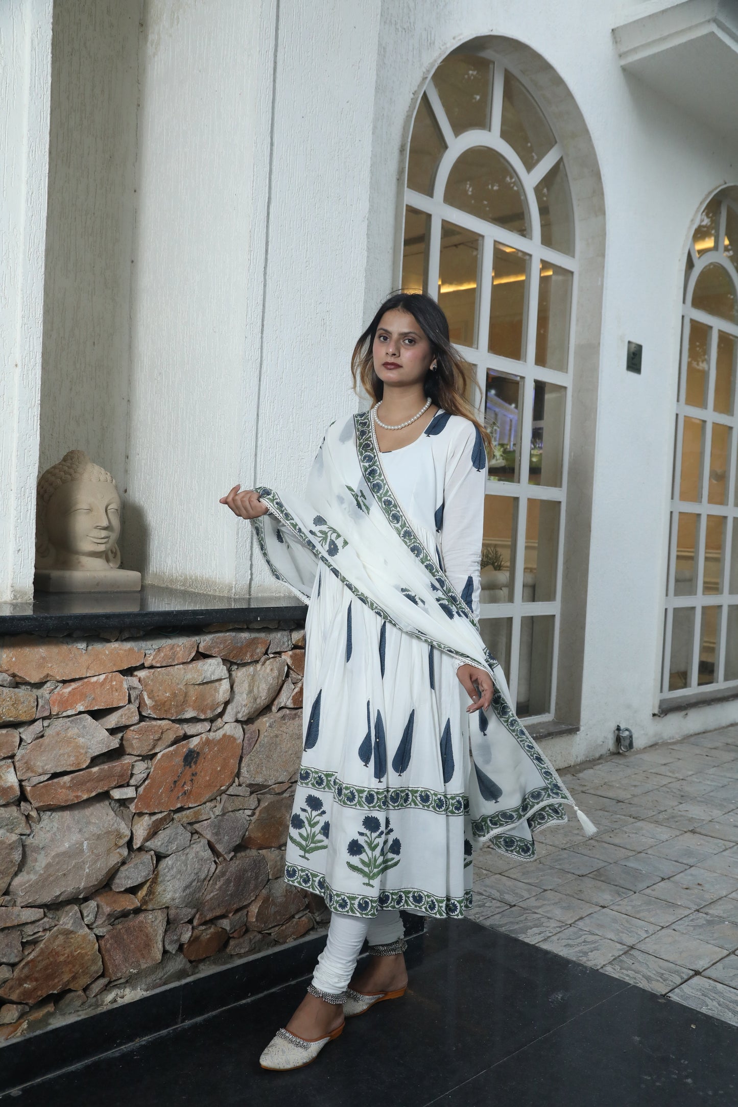 Negchar Anarkali Suit Set with Blue Leaf and Buta Motifs