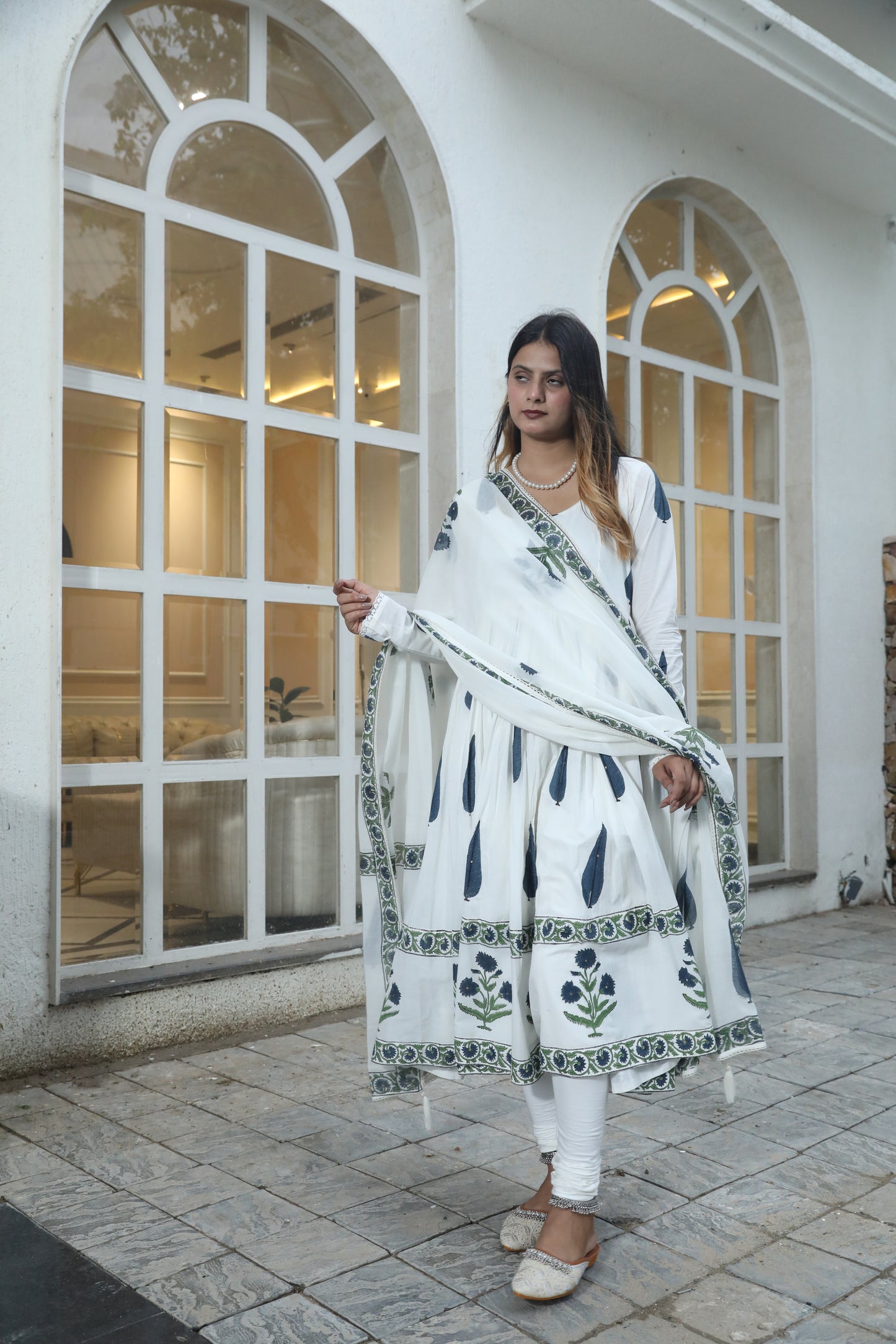 Negchar Anarkali Suit Set with Blue Leaf and Buta Motifs