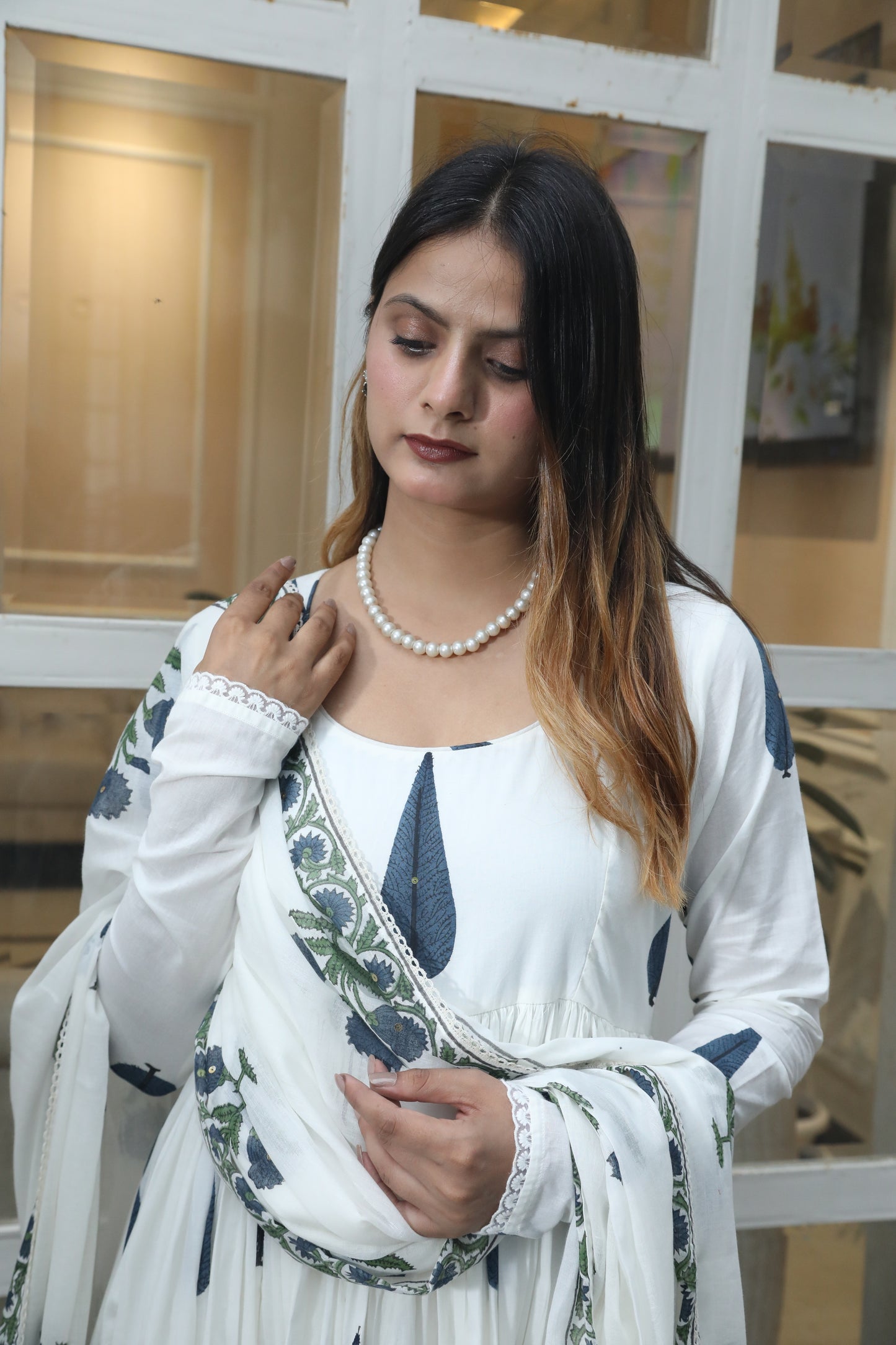 Negchar Anarkali Suit Set with Blue Leaf and Buta Motifs