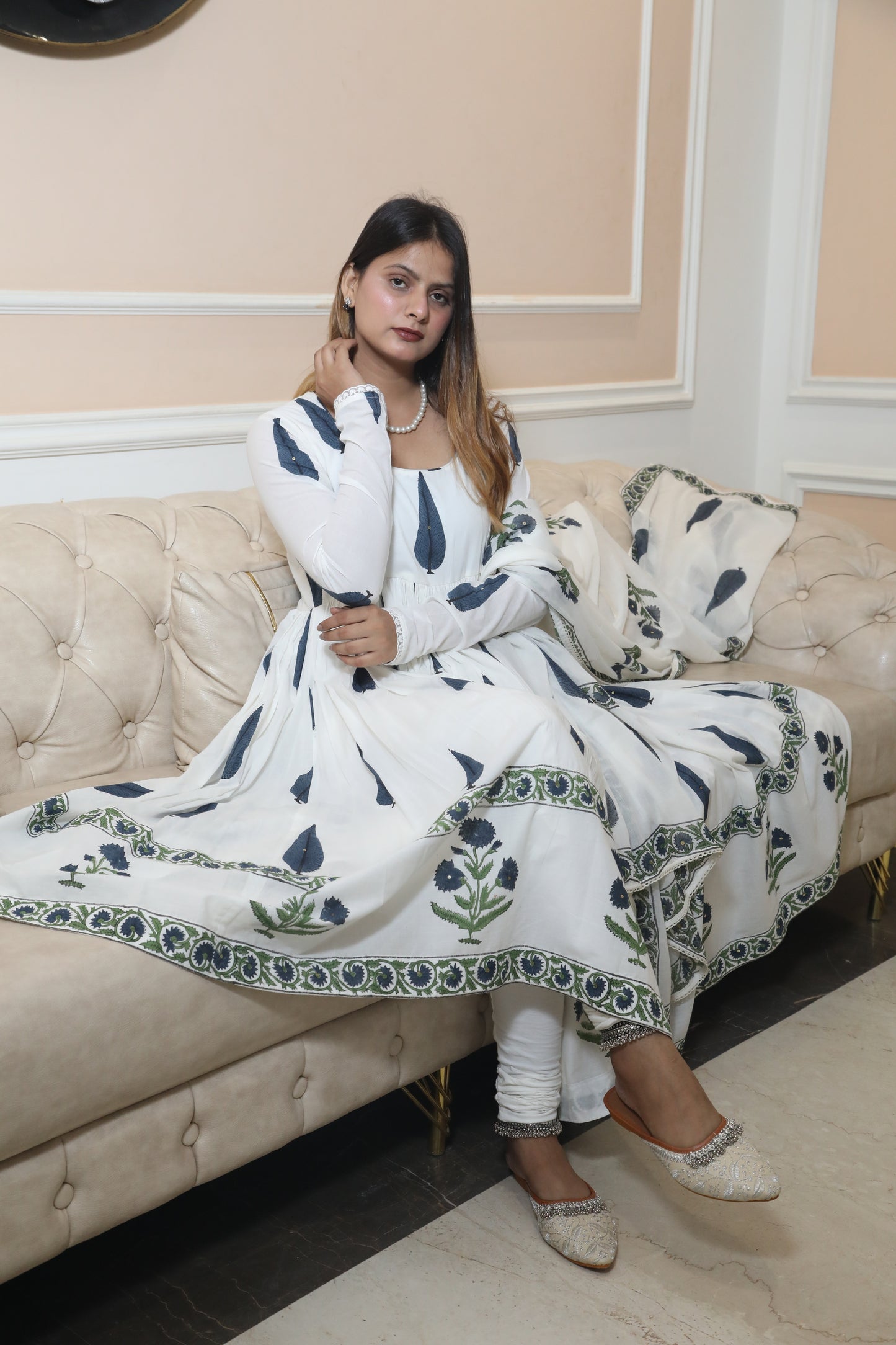 Negchar Anarkali Suit Set with Blue Leaf and Buta Motifs