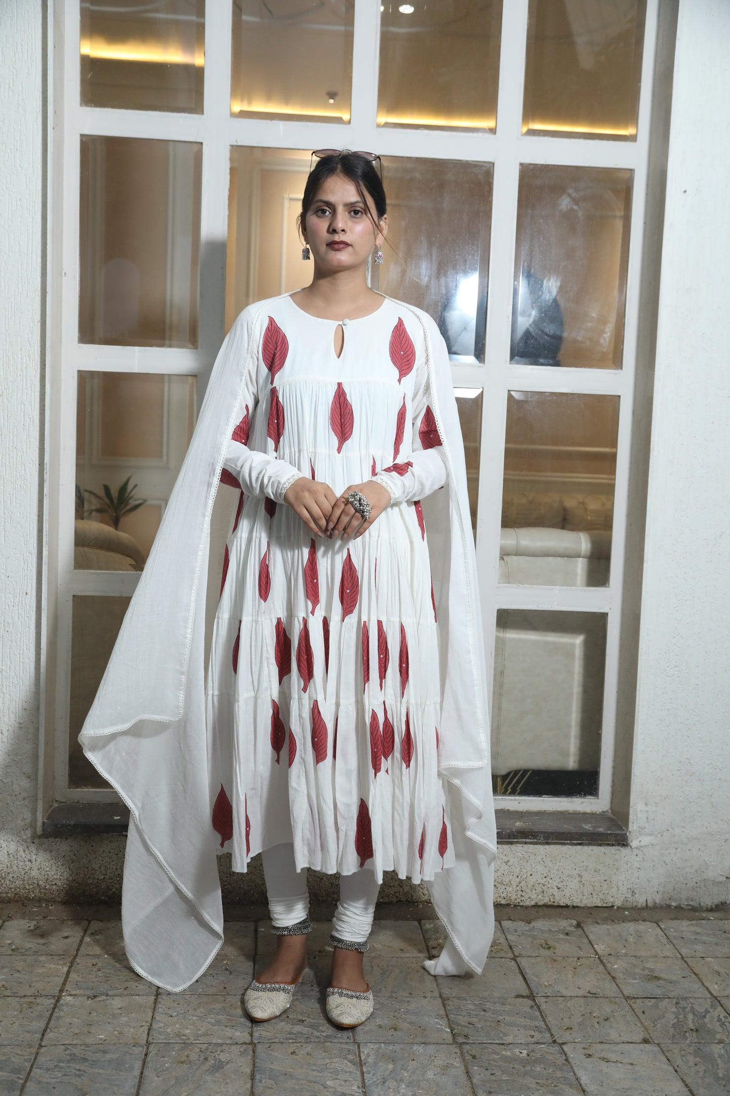 Negchar Red Leaf Handblock Tiered Anarkali Suit Set