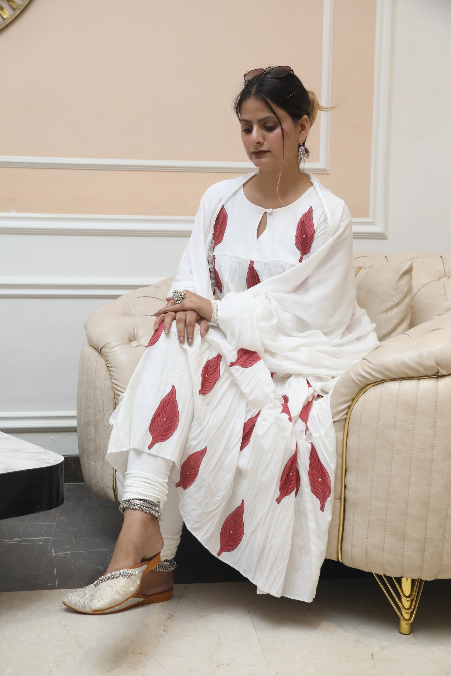 Negchar Red Leaf Handblock Tiered Anarkali Suit Set