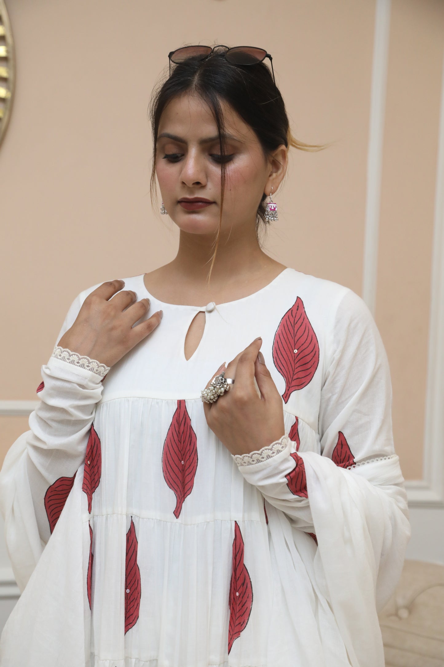 Negchar Red Leaf Handblock Tiered Anarkali Suit Set