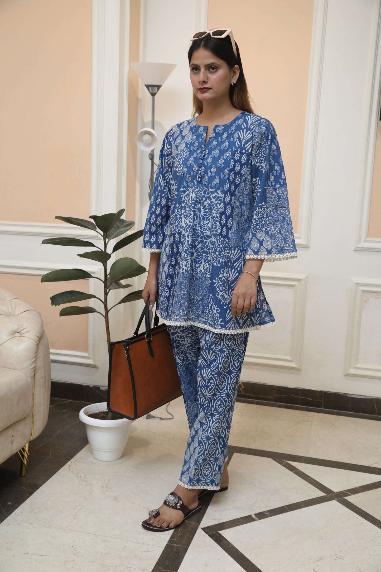 Negchar Solid Blue Cotton Co-Ord Suit Set