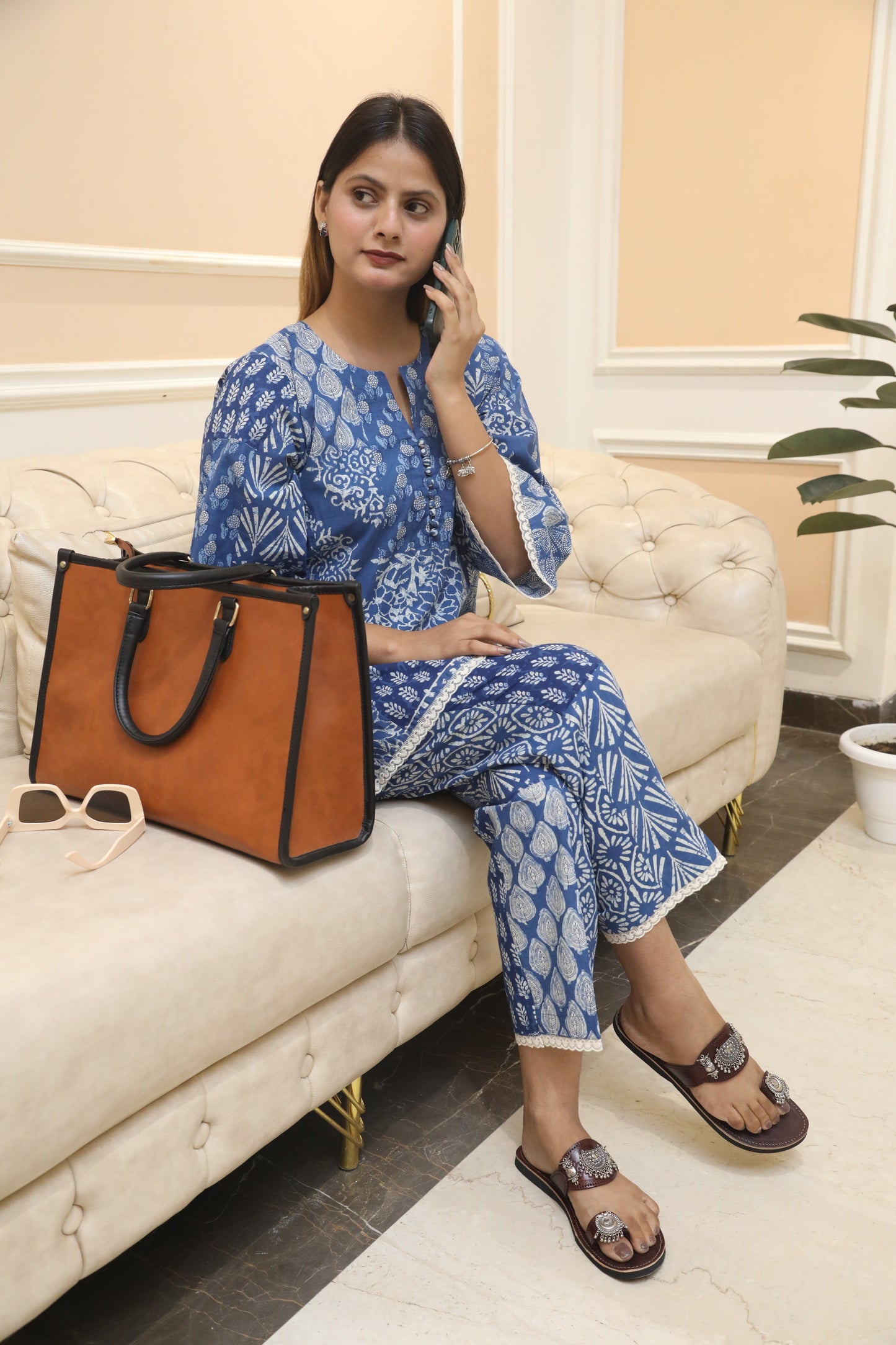 Negchar Solid Blue Cotton Co-Ord Suit Set