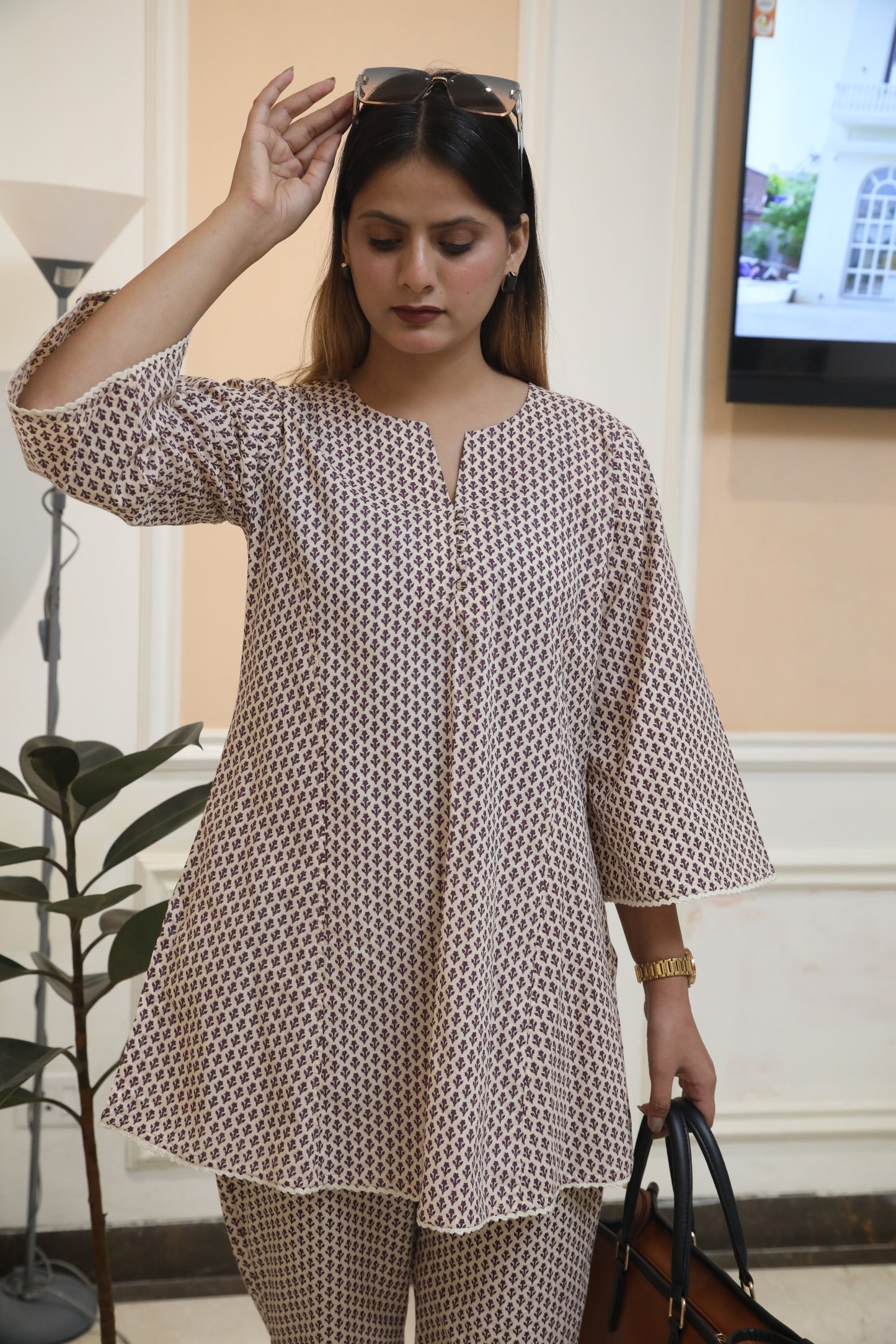 Negchar Milky White Handblock Co-Ord Suit Set