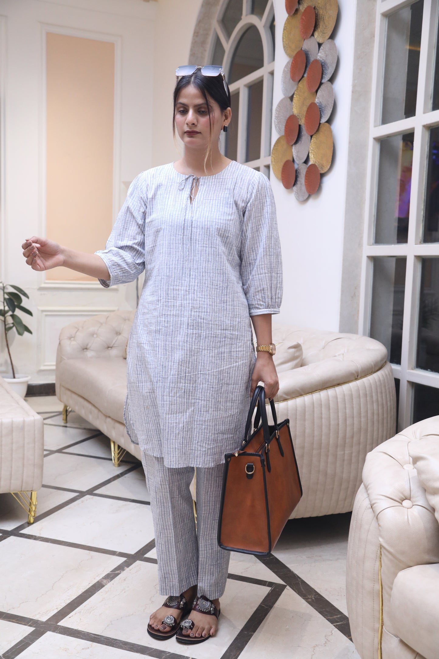 Negchar Handcrafted Soft Grey Striped Linen Kurta Suit Set