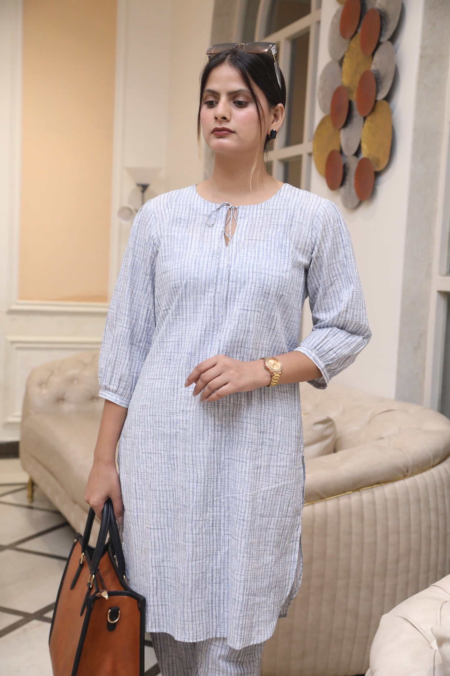 Negchar Handcrafted Soft Grey Striped Linen Kurta Suit Set