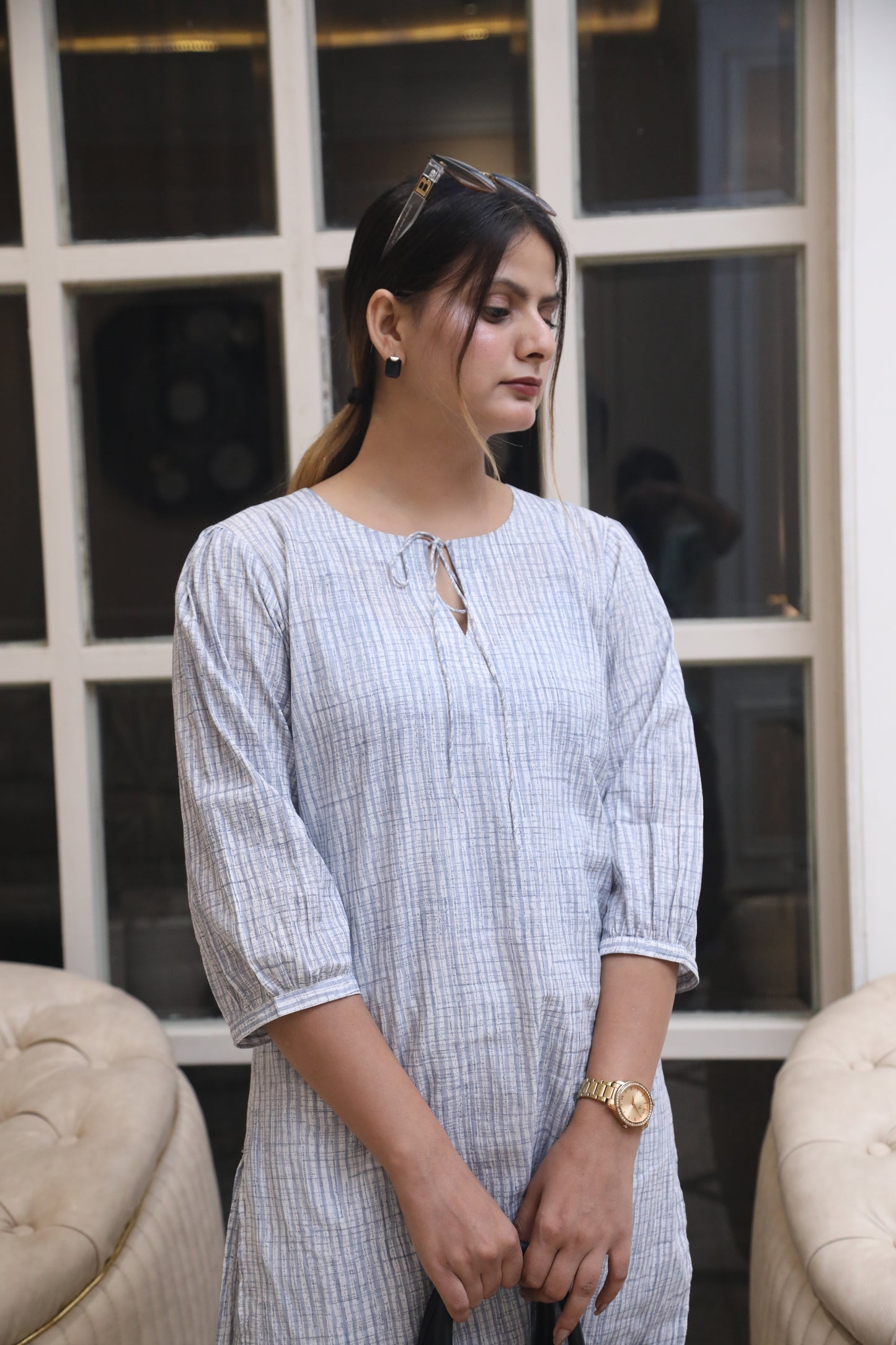 Negchar Handcrafted Soft Grey Striped Linen Kurta Suit Set