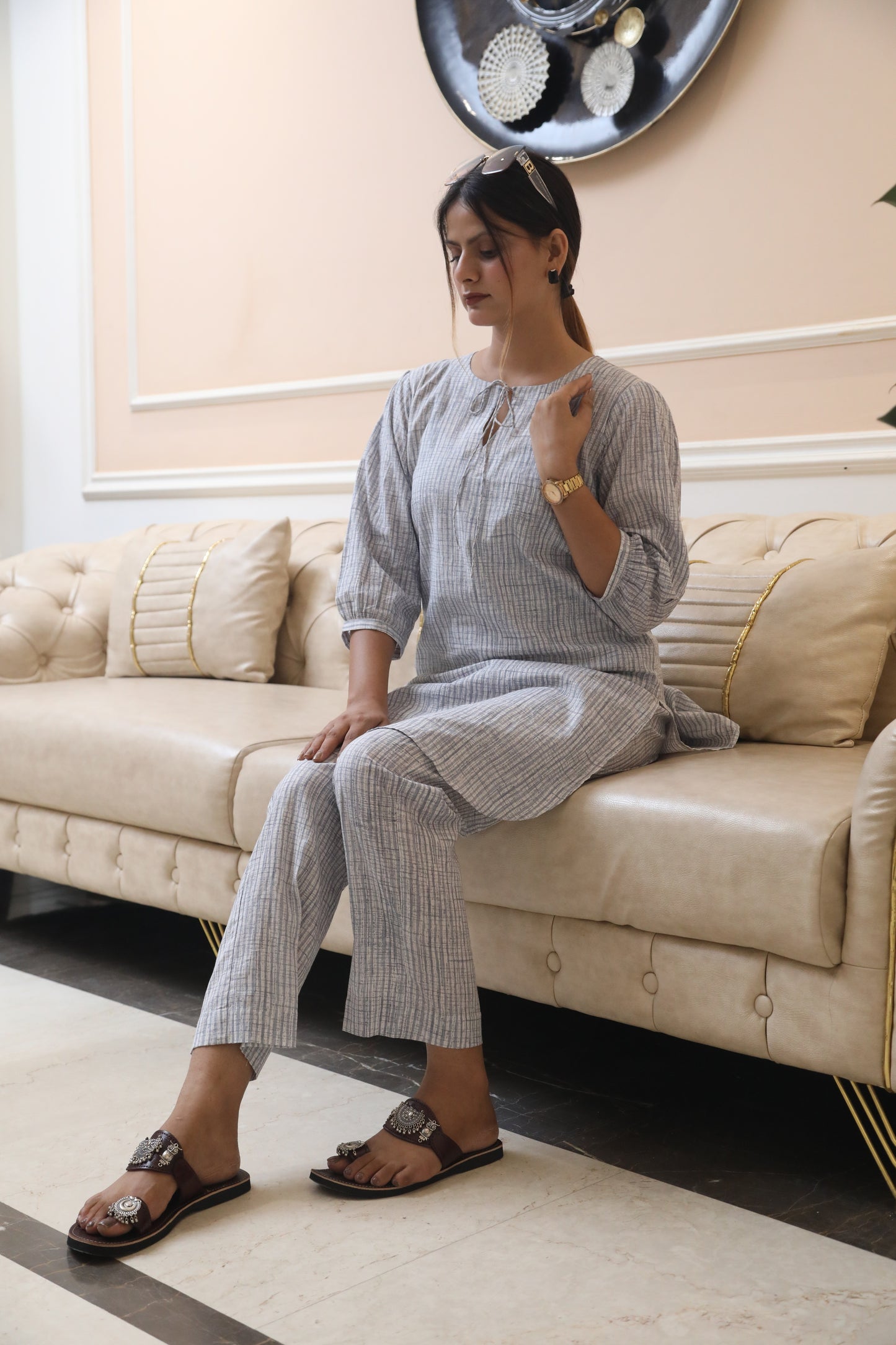 Negchar Handcrafted Soft Grey Striped Linen Kurta Suit Set