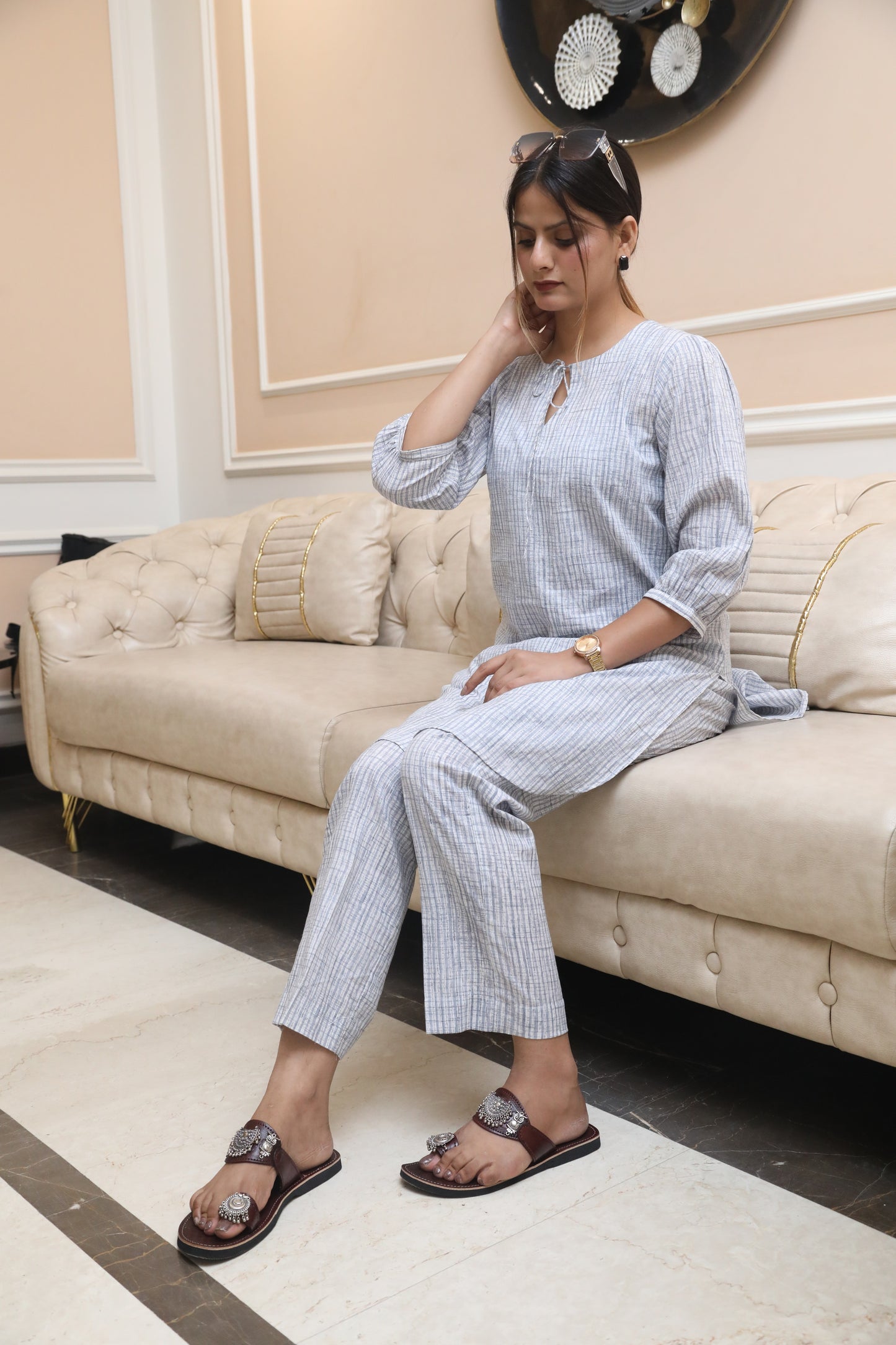 Negchar Handcrafted Soft Grey Striped Linen Kurta Suit Set