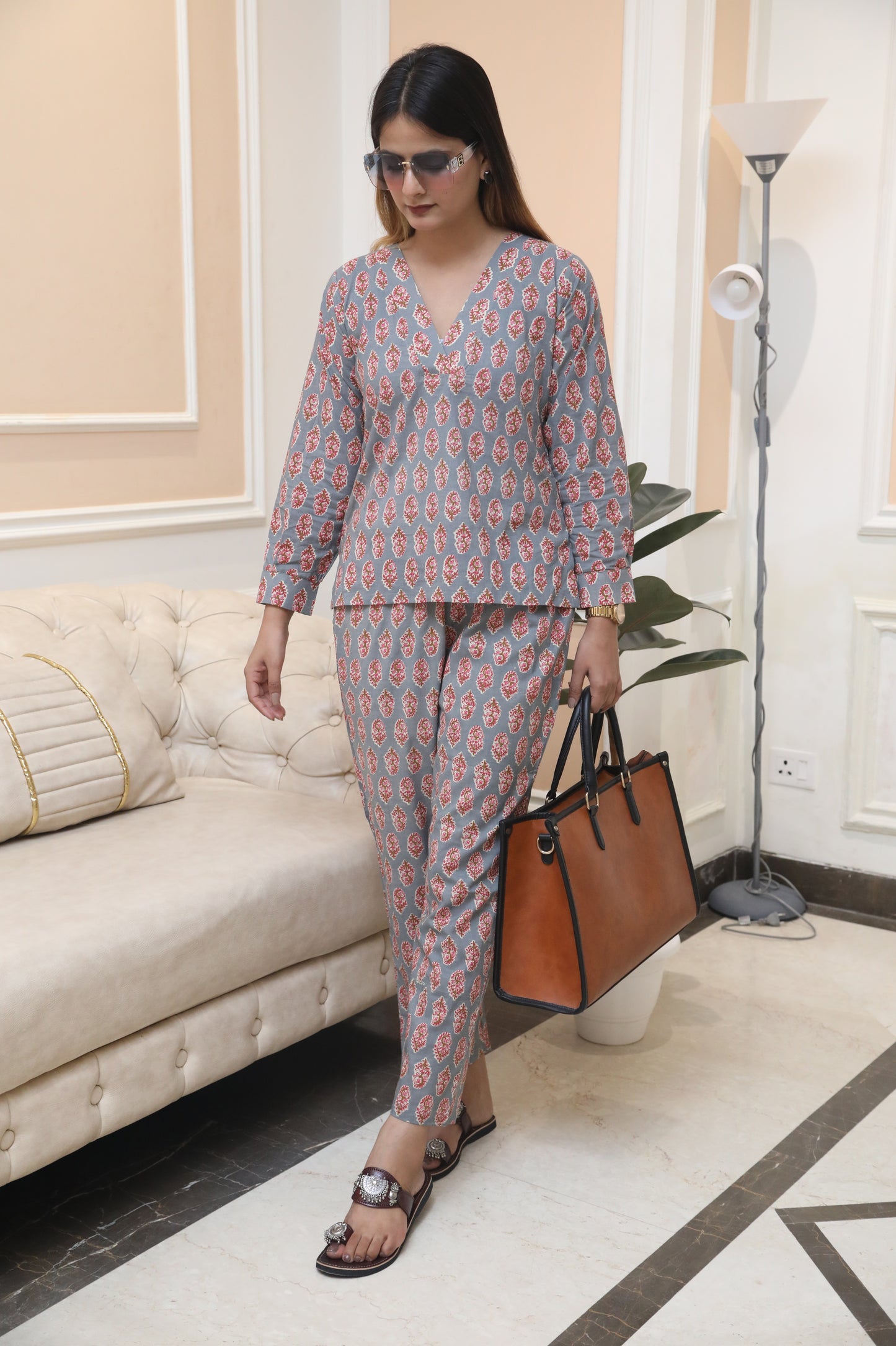 Negchar Dark Grey Handblock Co-Ord Suit Set