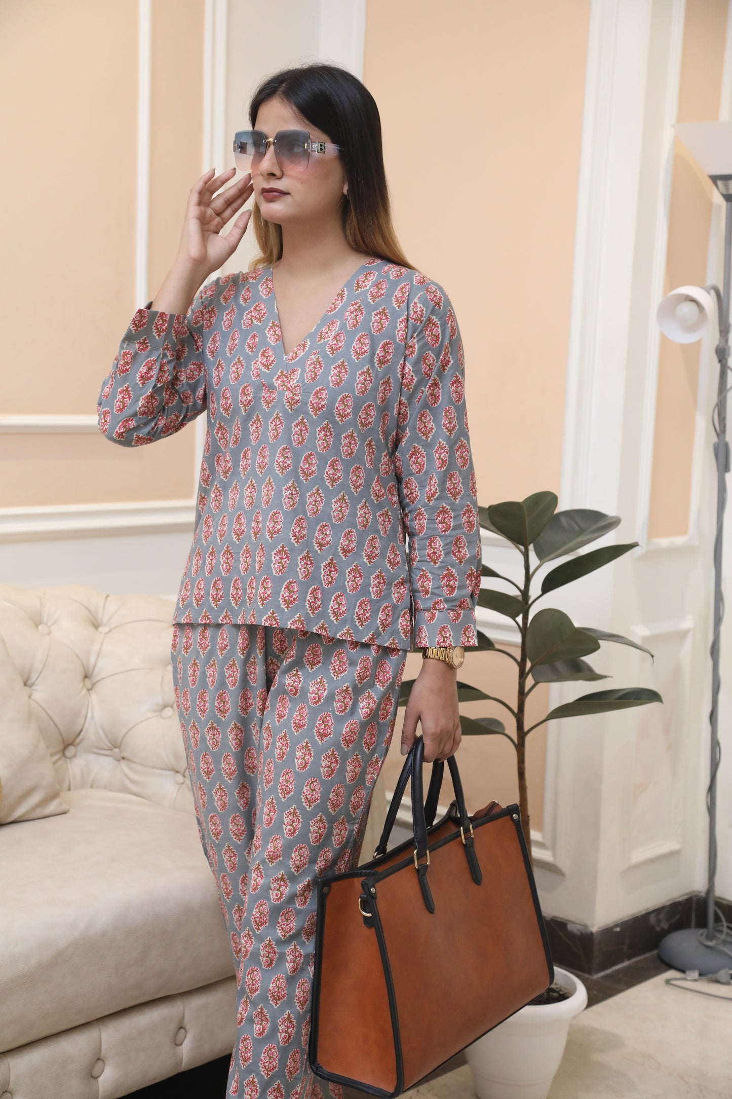 Negchar Dark Grey Handblock Co-Ord Suit Set