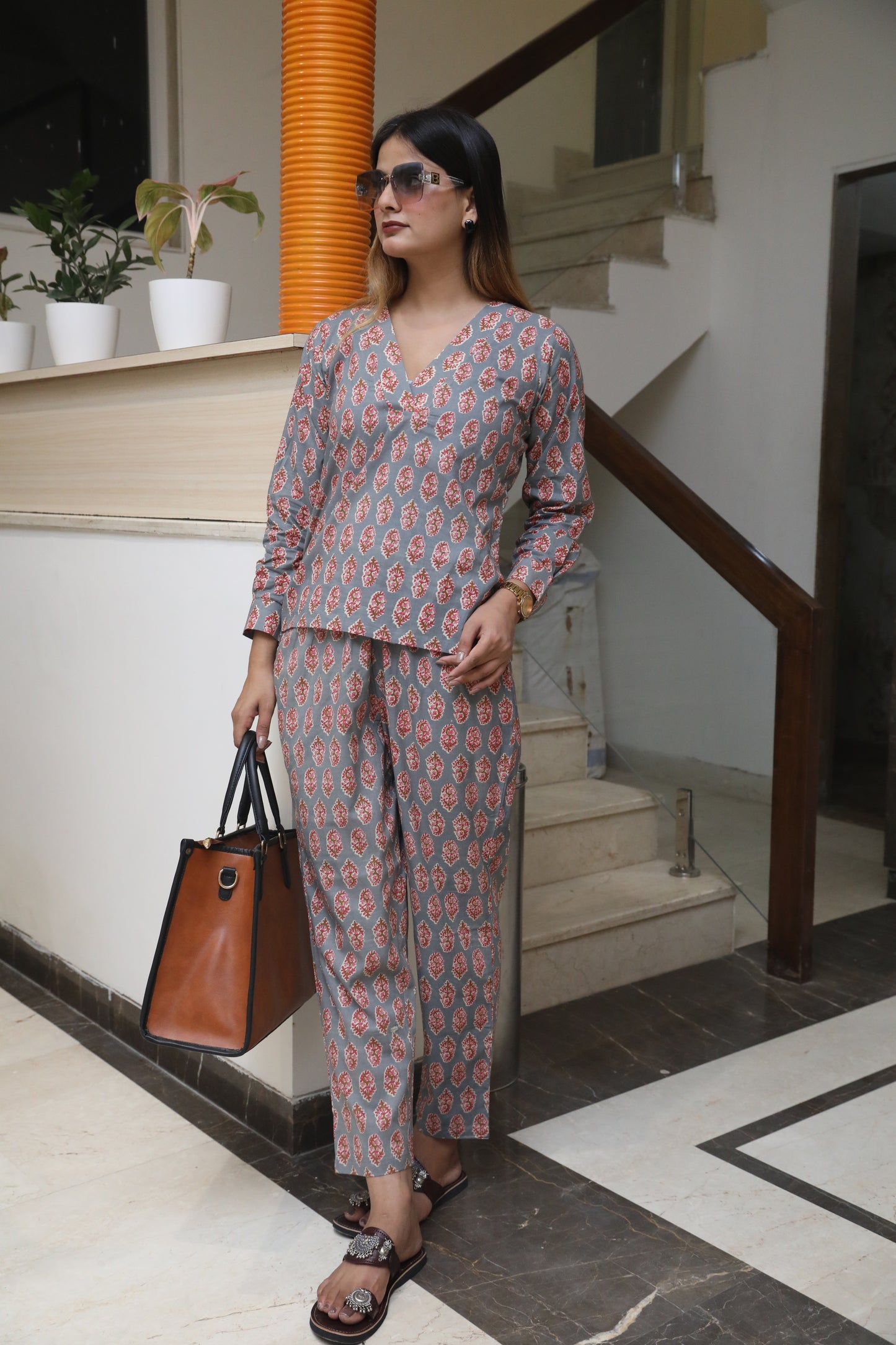 Negchar Dark Grey Handblock Co-Ord Suit Set