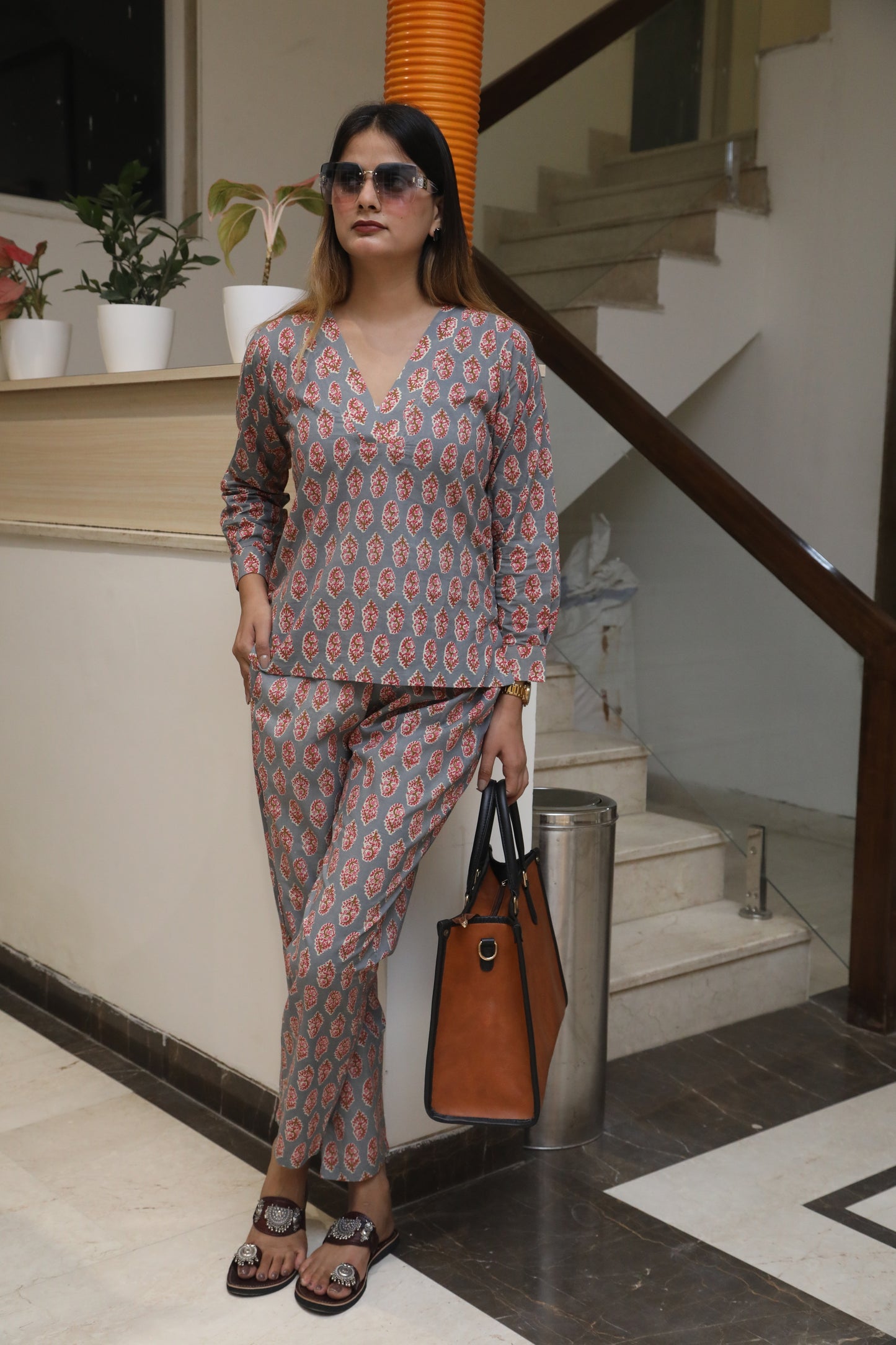 Negchar Dark Grey Handblock Co-Ord Suit Set