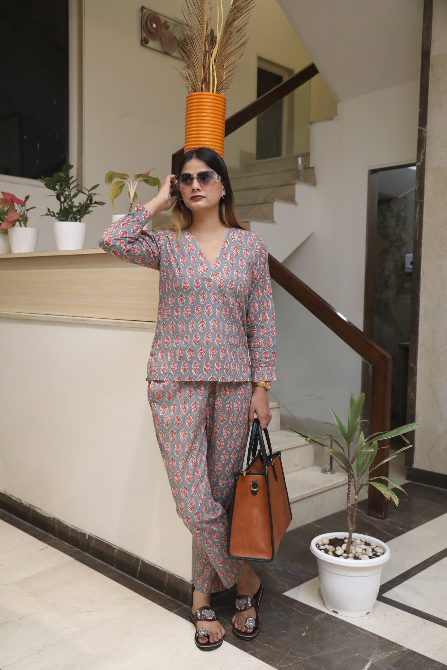 Negchar Dark Grey Handblock Co-Ord Suit Set