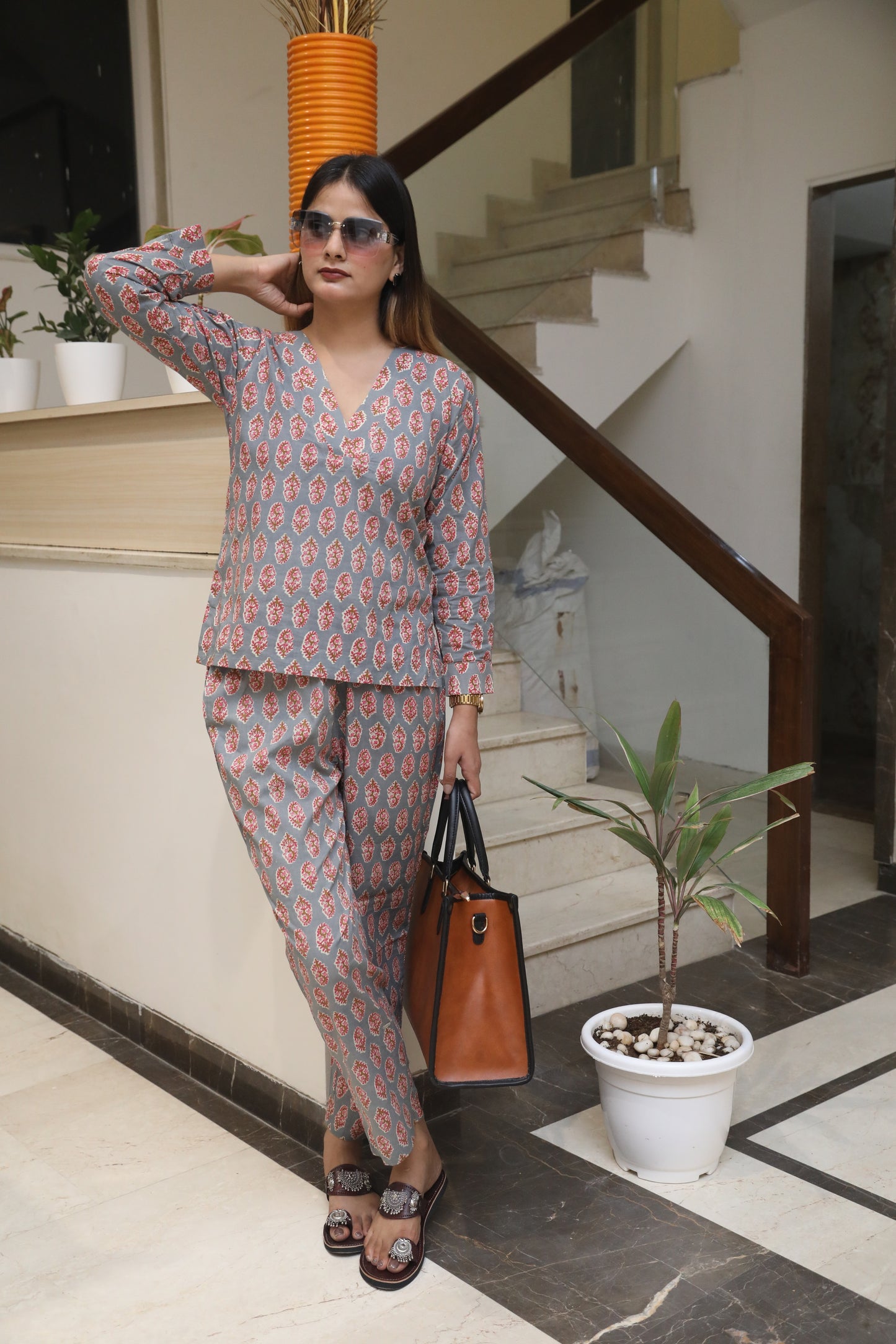 Negchar Dark Grey Handblock Co-Ord Suit Set
