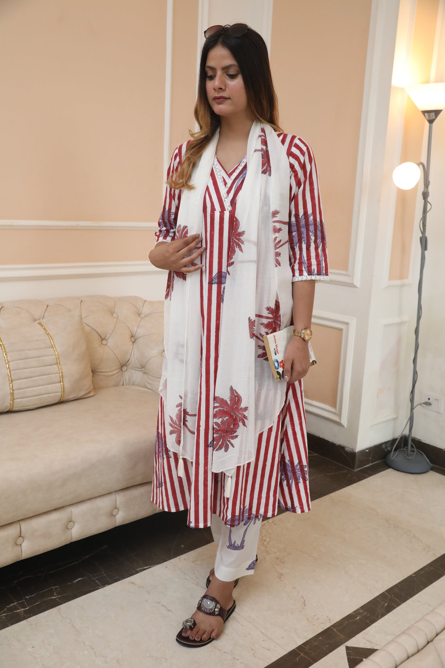 Negchar Red Stripes & Palm Handblock Printed Linen Suit Set