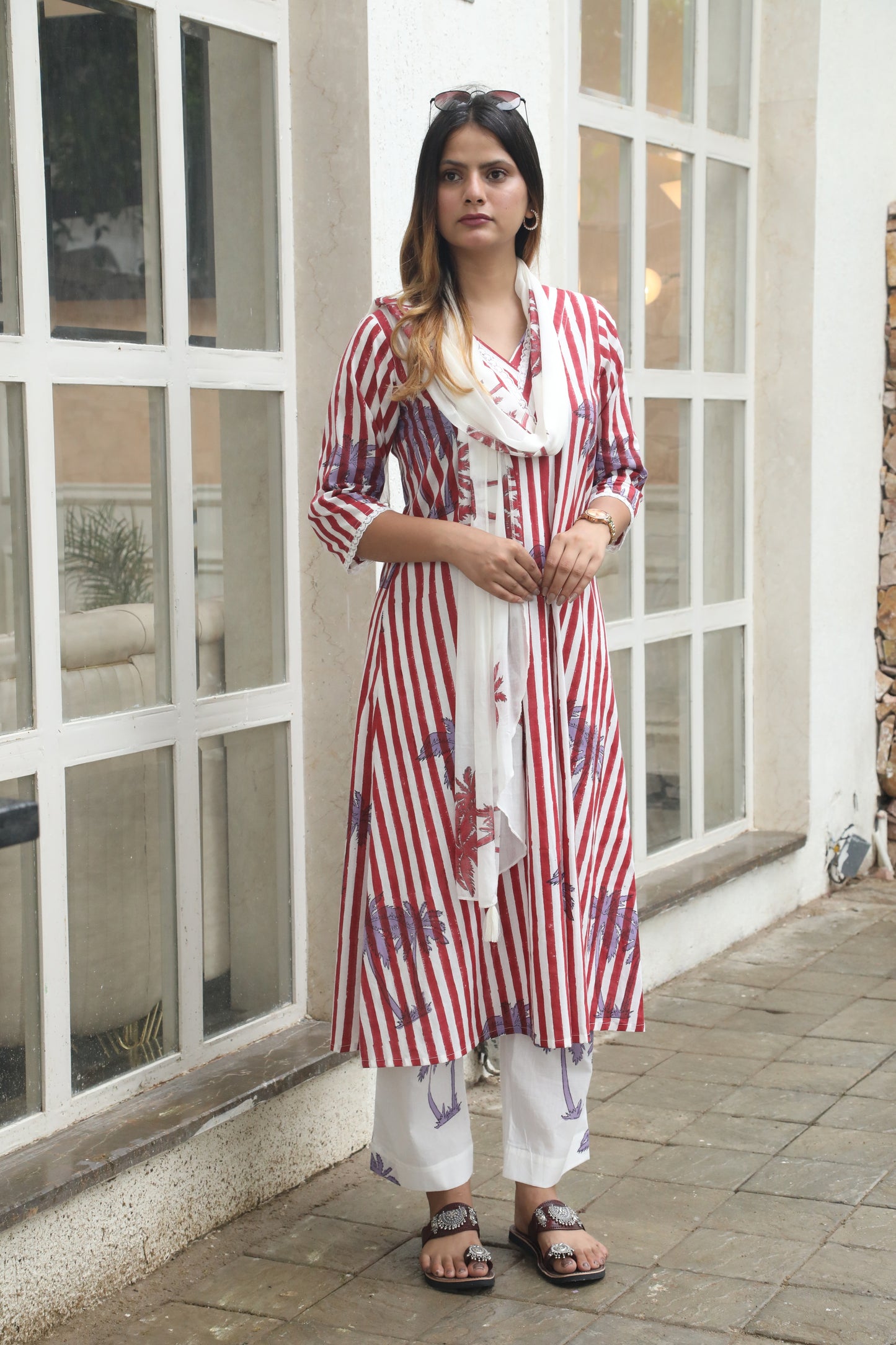 Negchar Blue Stripes & Palm Handblock Printed Linen Suit Set