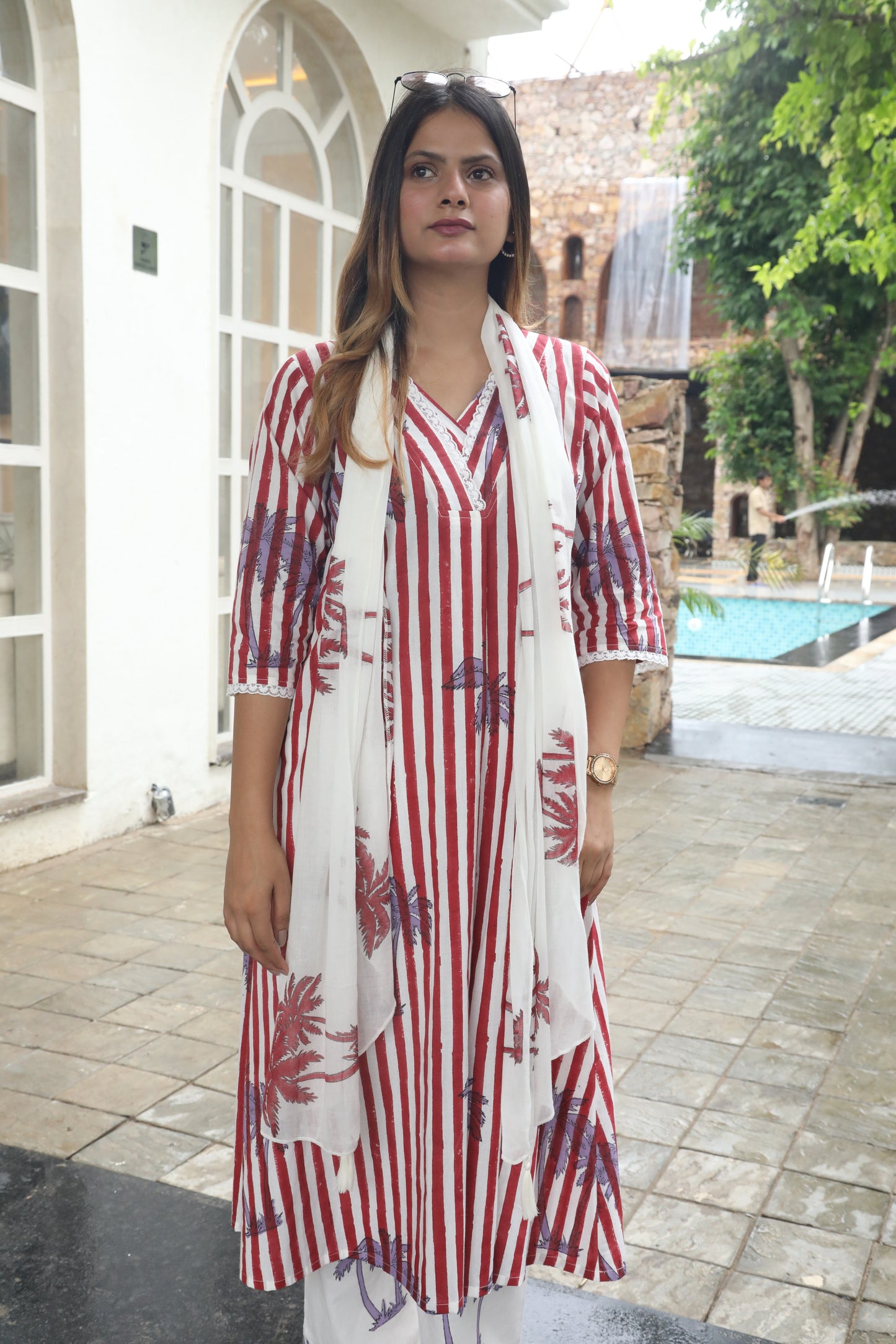 Negchar Red Stripes & Palm Handblock Printed Linen Suit Set