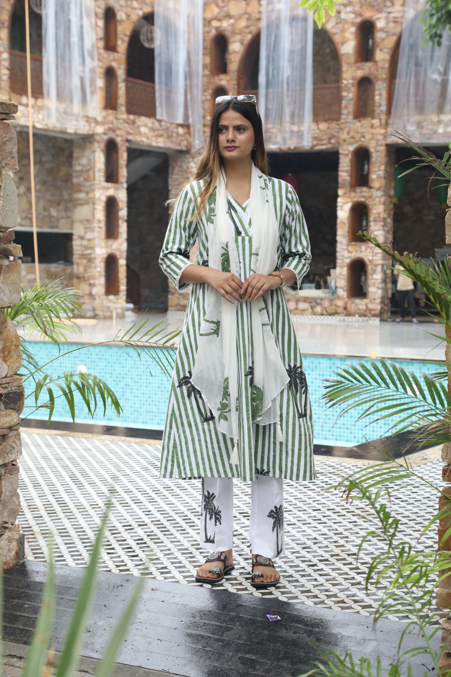 Negchar Red Stripes & Palm Handblock Printed Linen Suit Set