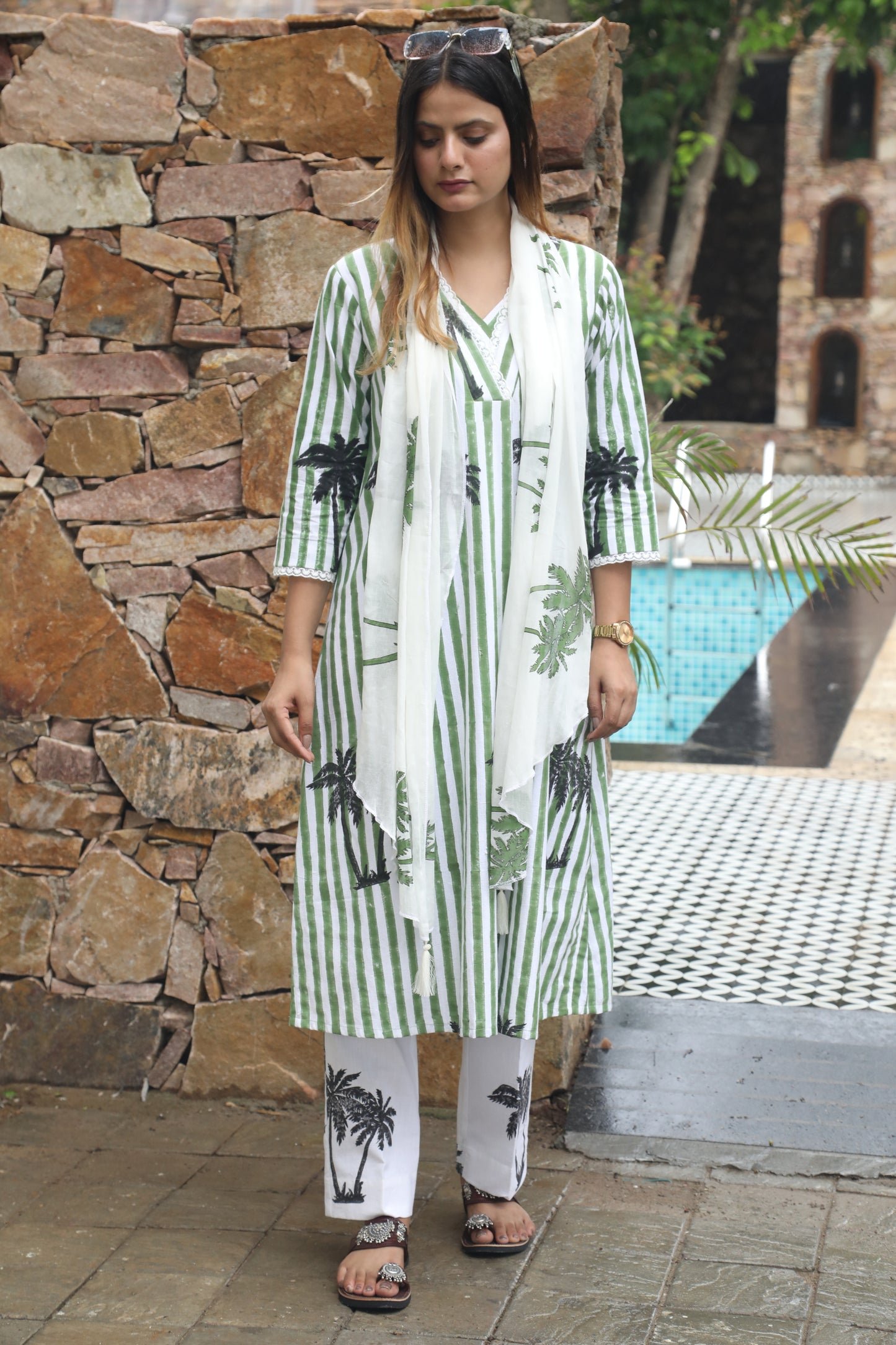 Negchar Green Stripes & Palm Handblock Printed Linen Suit Set