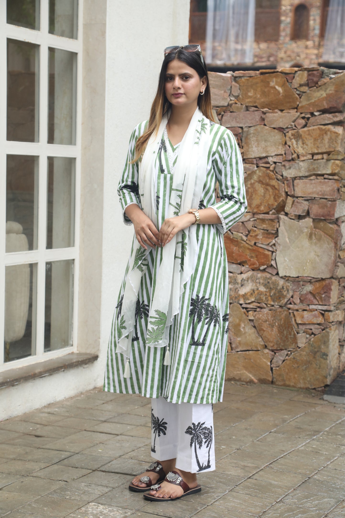 Negchar Blue Stripes & Palm Handblock Printed Linen Suit Set