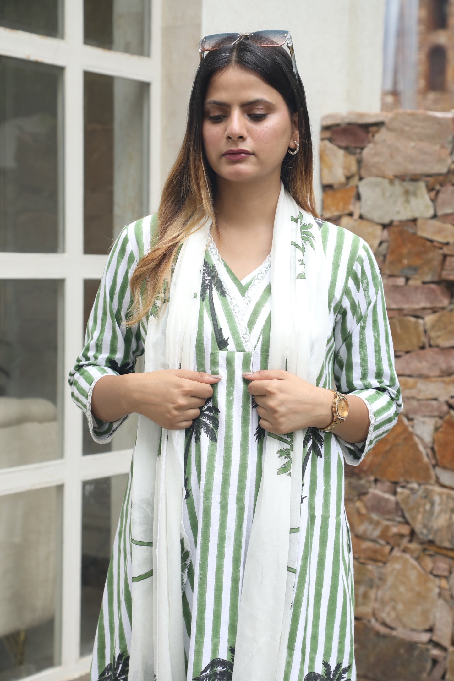 Negchar Green Stripes & Palm Handblock Printed Linen Suit Set