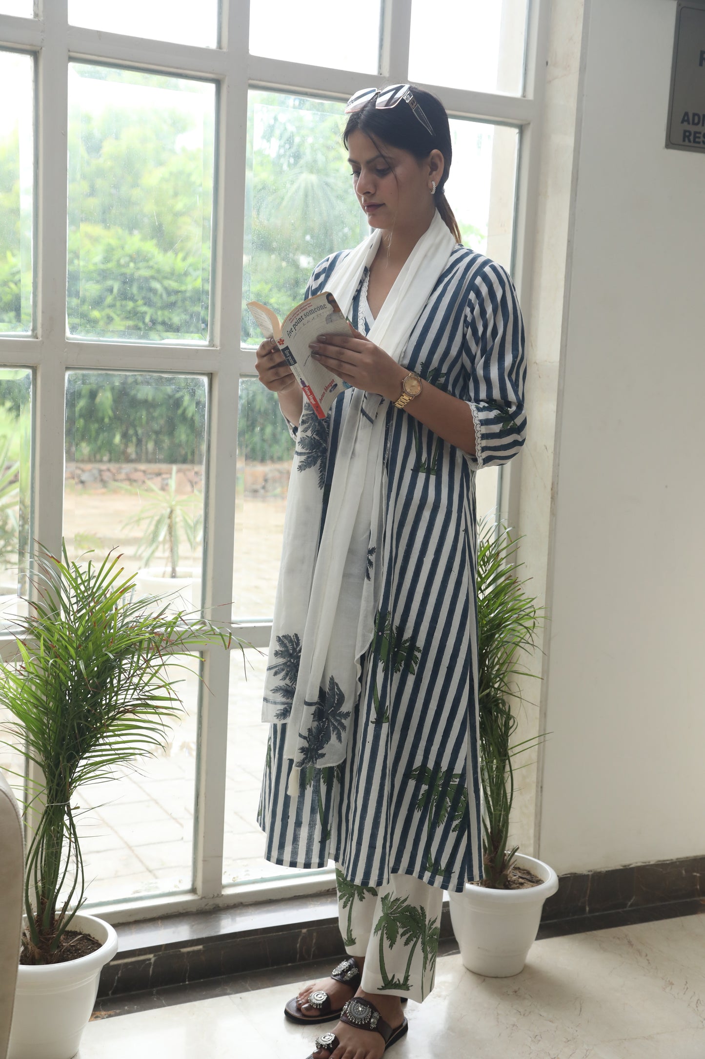 Negchar Blue Stripes & Palm Handblock Printed Linen Suit Set