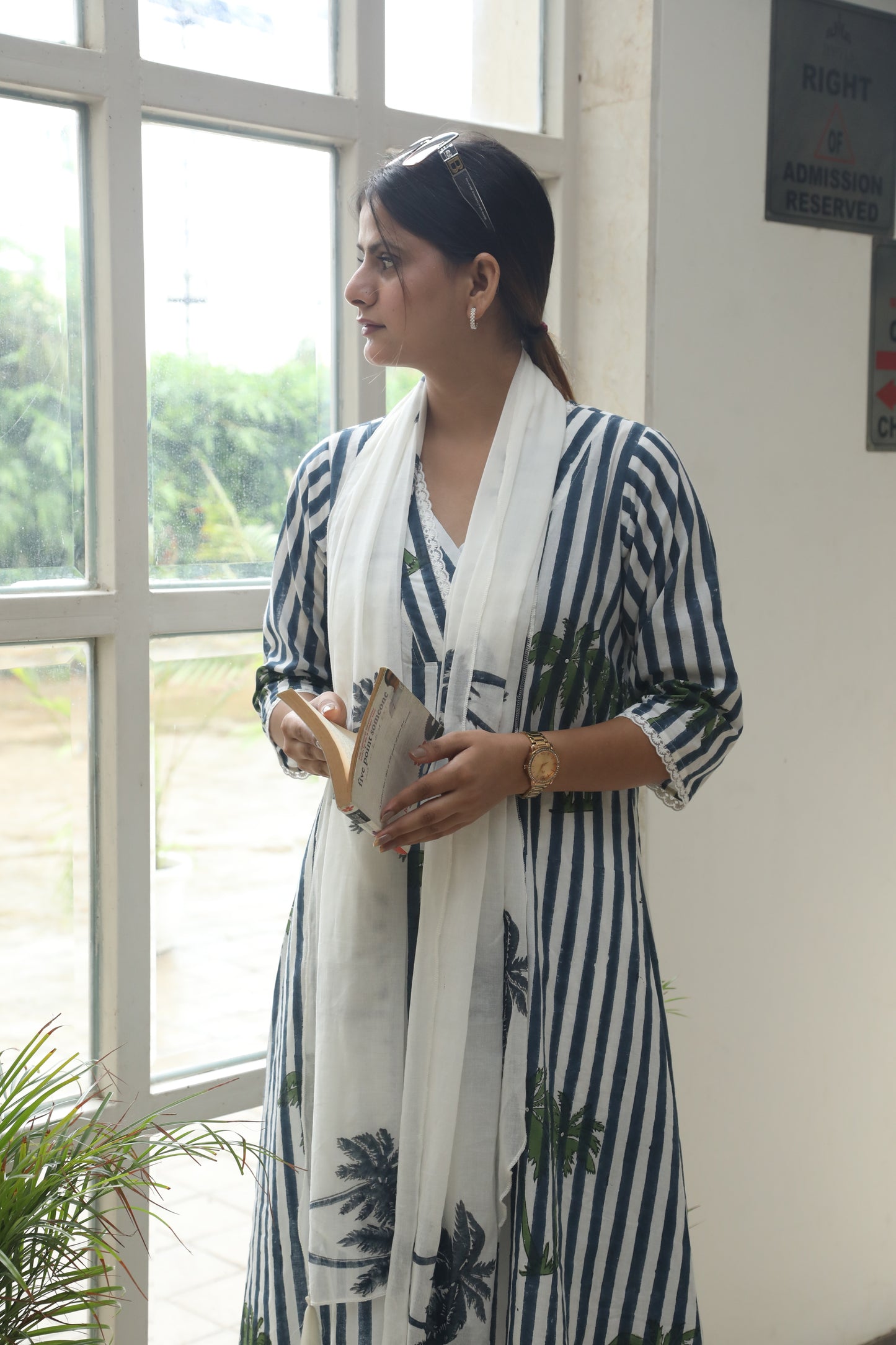 Negchar Blue Stripes & Palm Handblock Printed Linen Suit Set