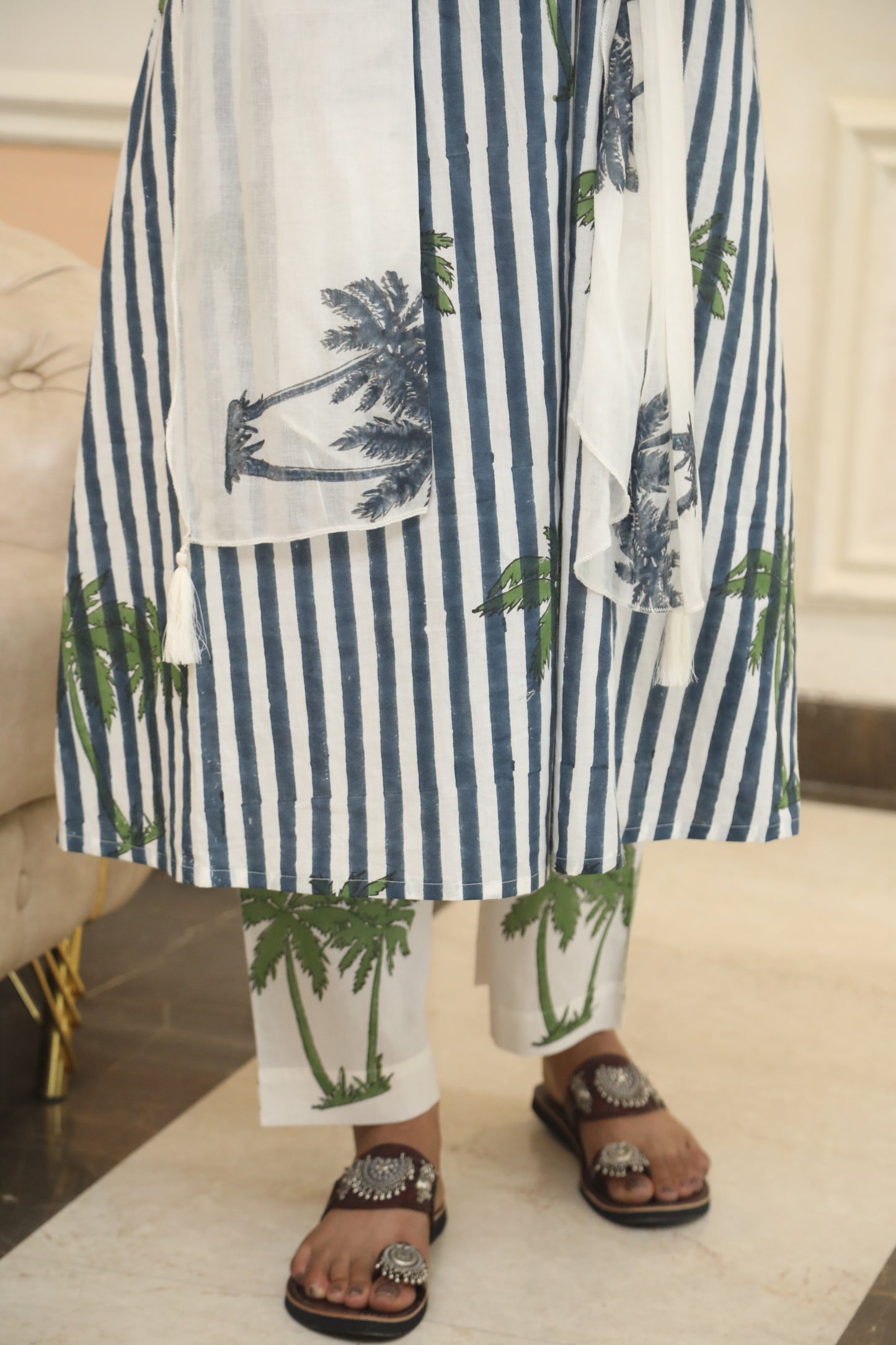 Negchar Blue Stripes & Palm Handblock Printed Linen Suit Set