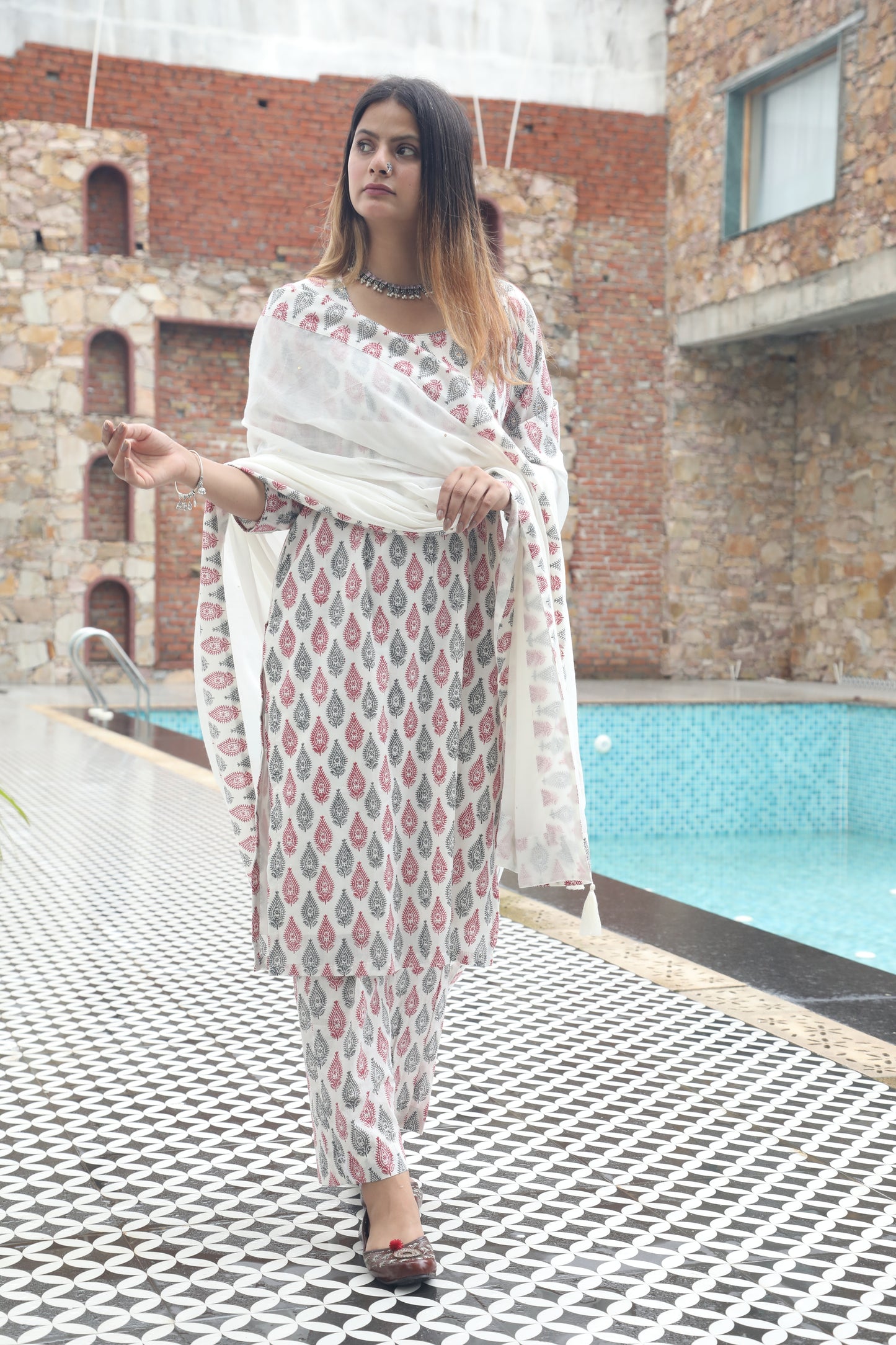 Negchar Chooti Buti Handblock Printed Straight Kurta Suit Set