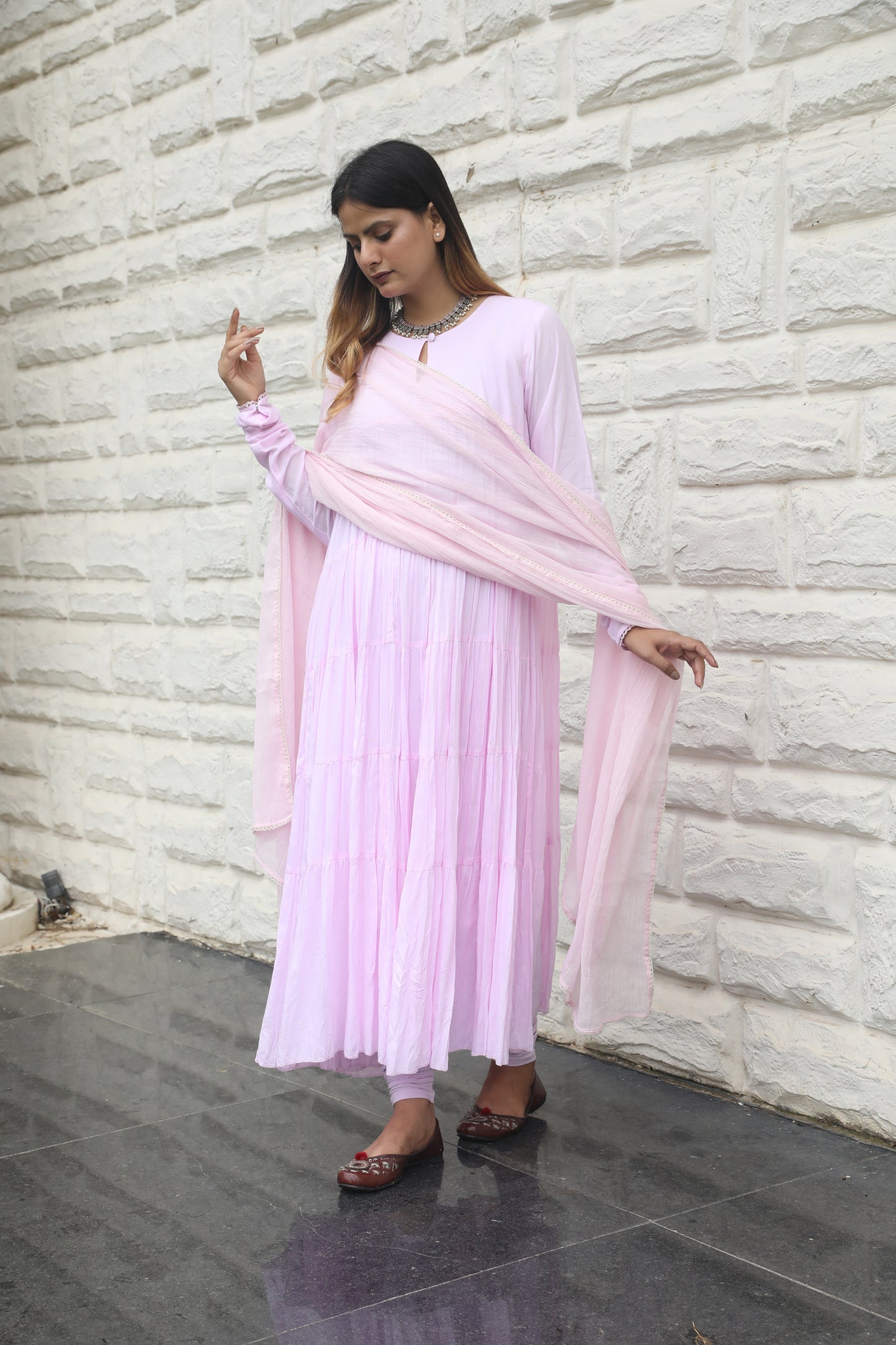 Negchar Solid Pink Tiered Anarkali Suit Set