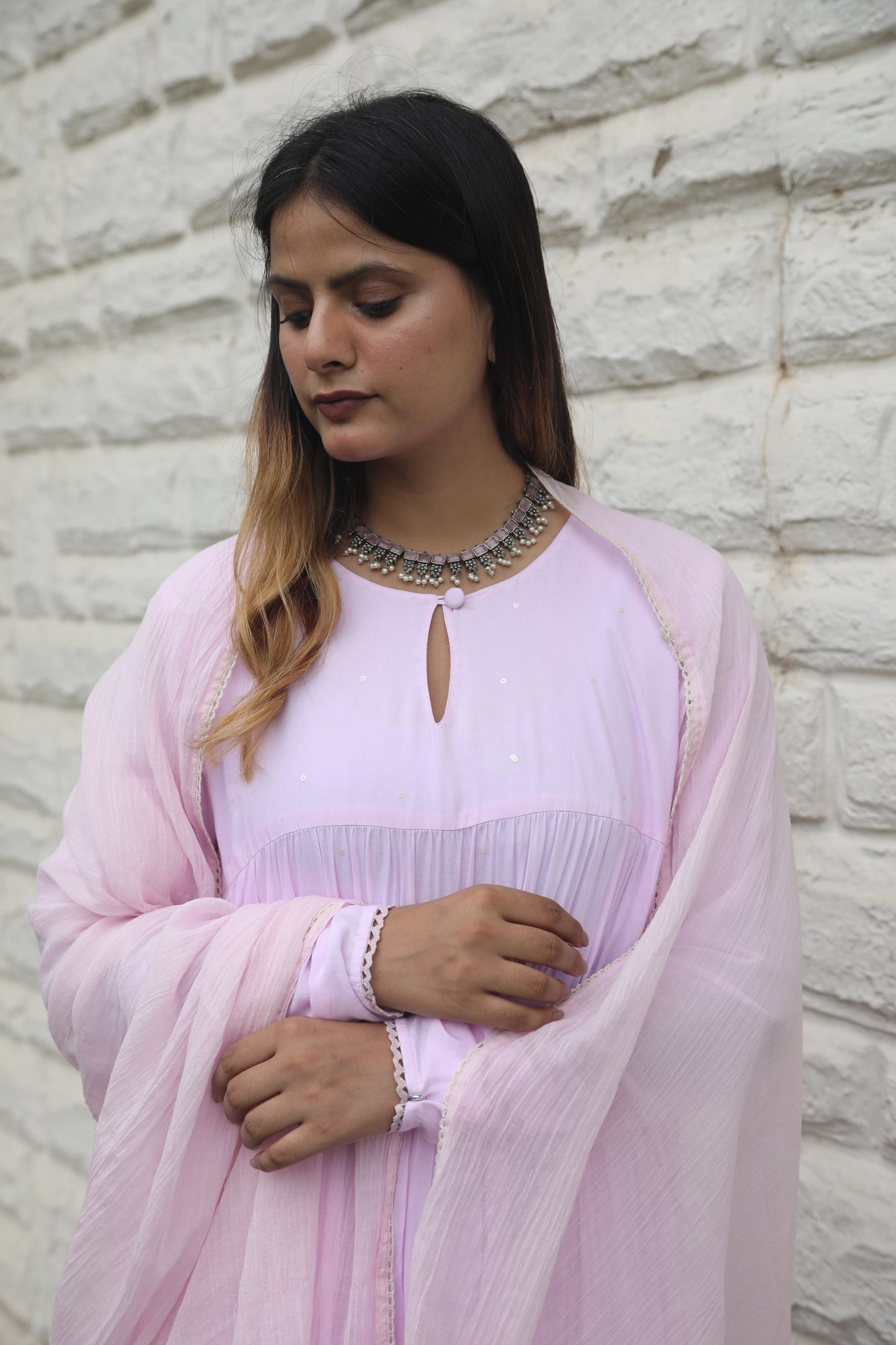 Negchar Solid Pink Tiered Anarkali Suit Set