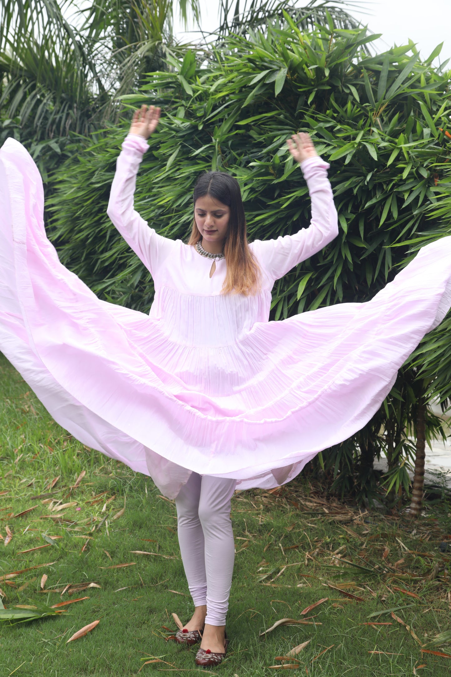 Negchar Solid Pink Tiered Anarkali Suit Set