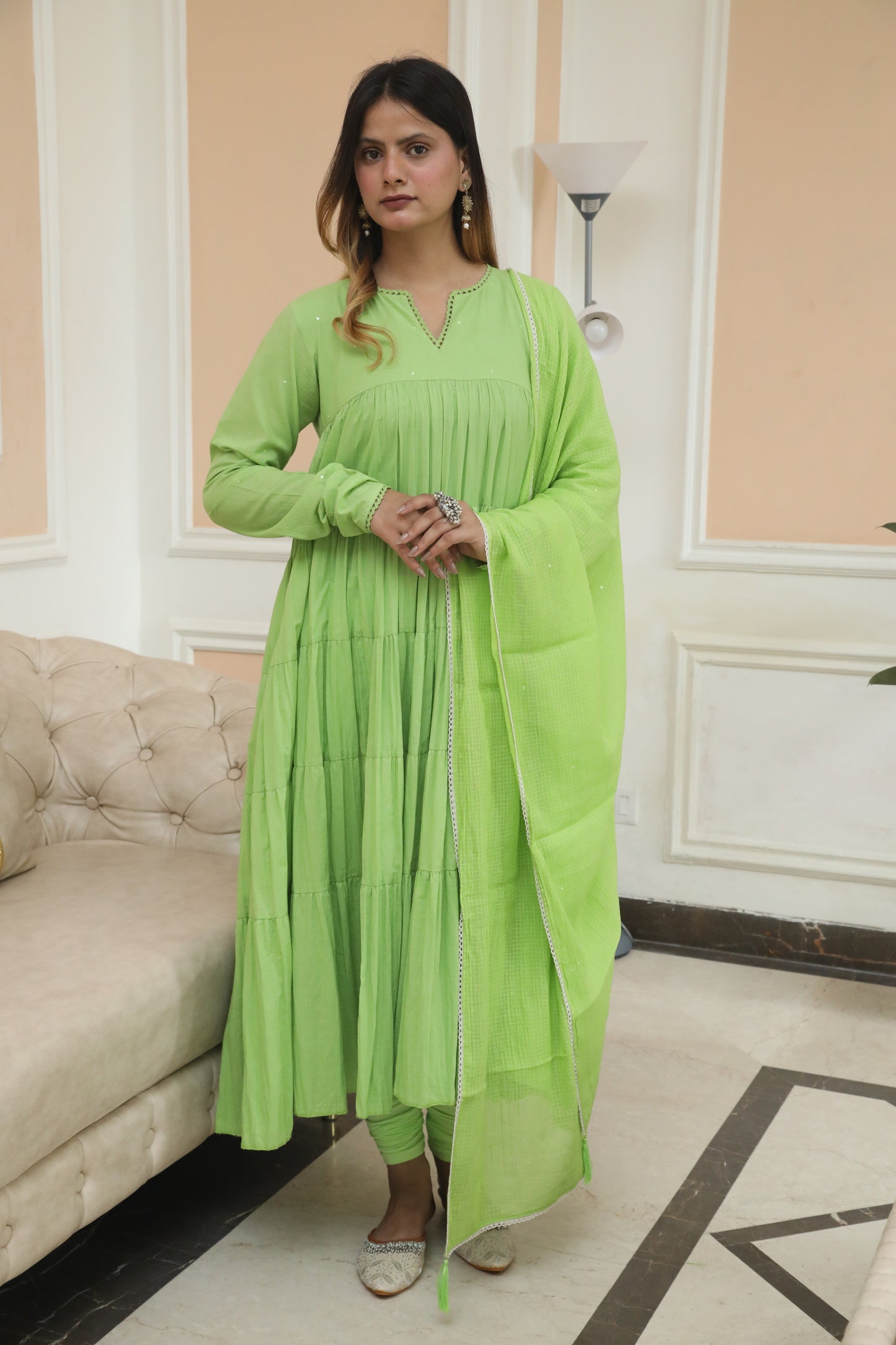 Negchar Solid Mint Green Tiered Anarkali Suit Set